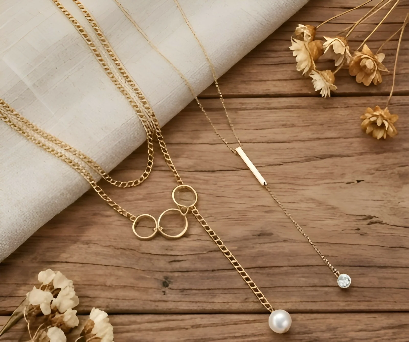Chic Gold-Tone Layered Necklace Set with Triple Ring Detail & Pearl Drop (Set of 2)