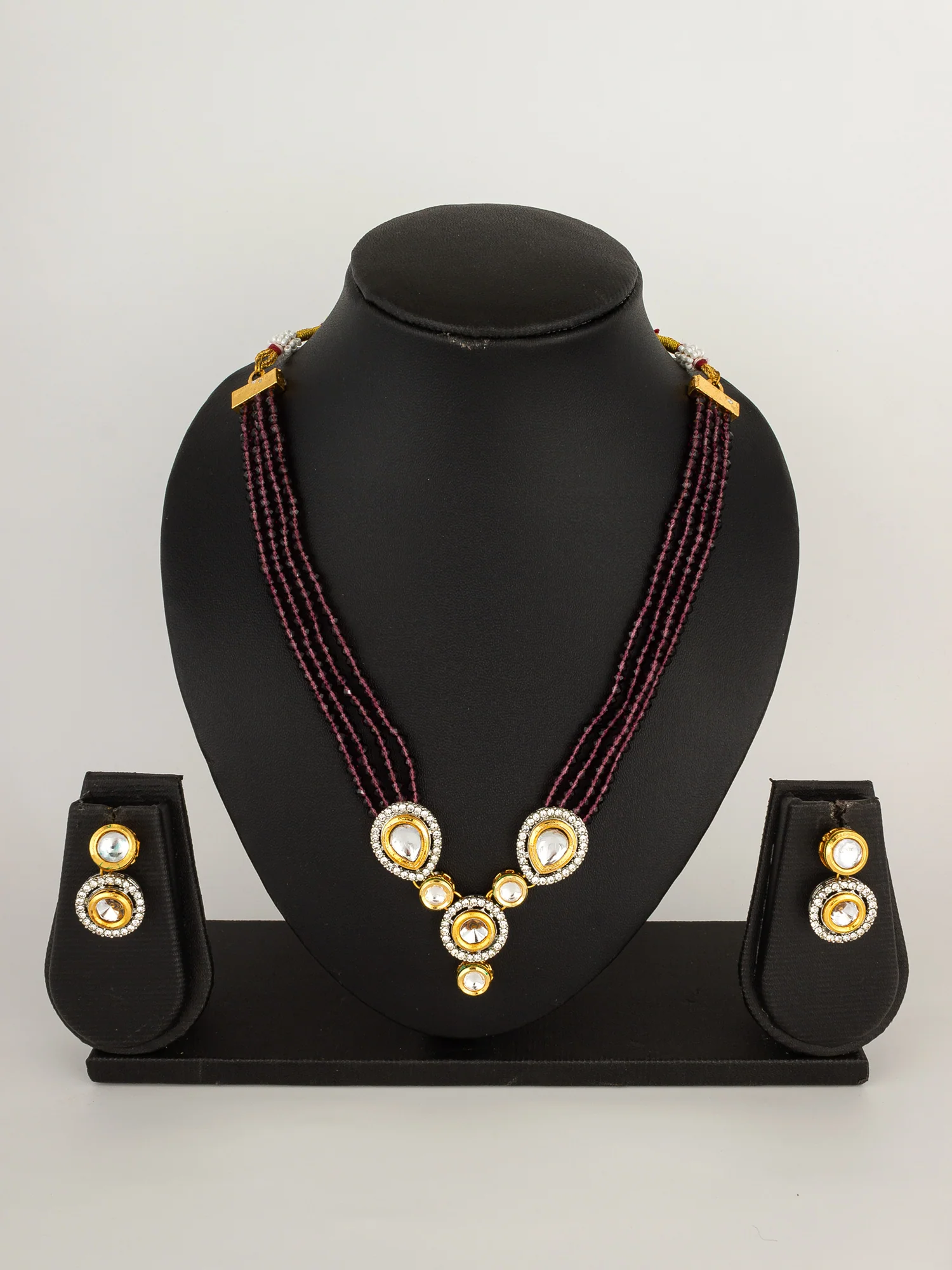 Classic Maroon Beaded Kundan Necklace Set with AD Stud Earrings - Image 4
