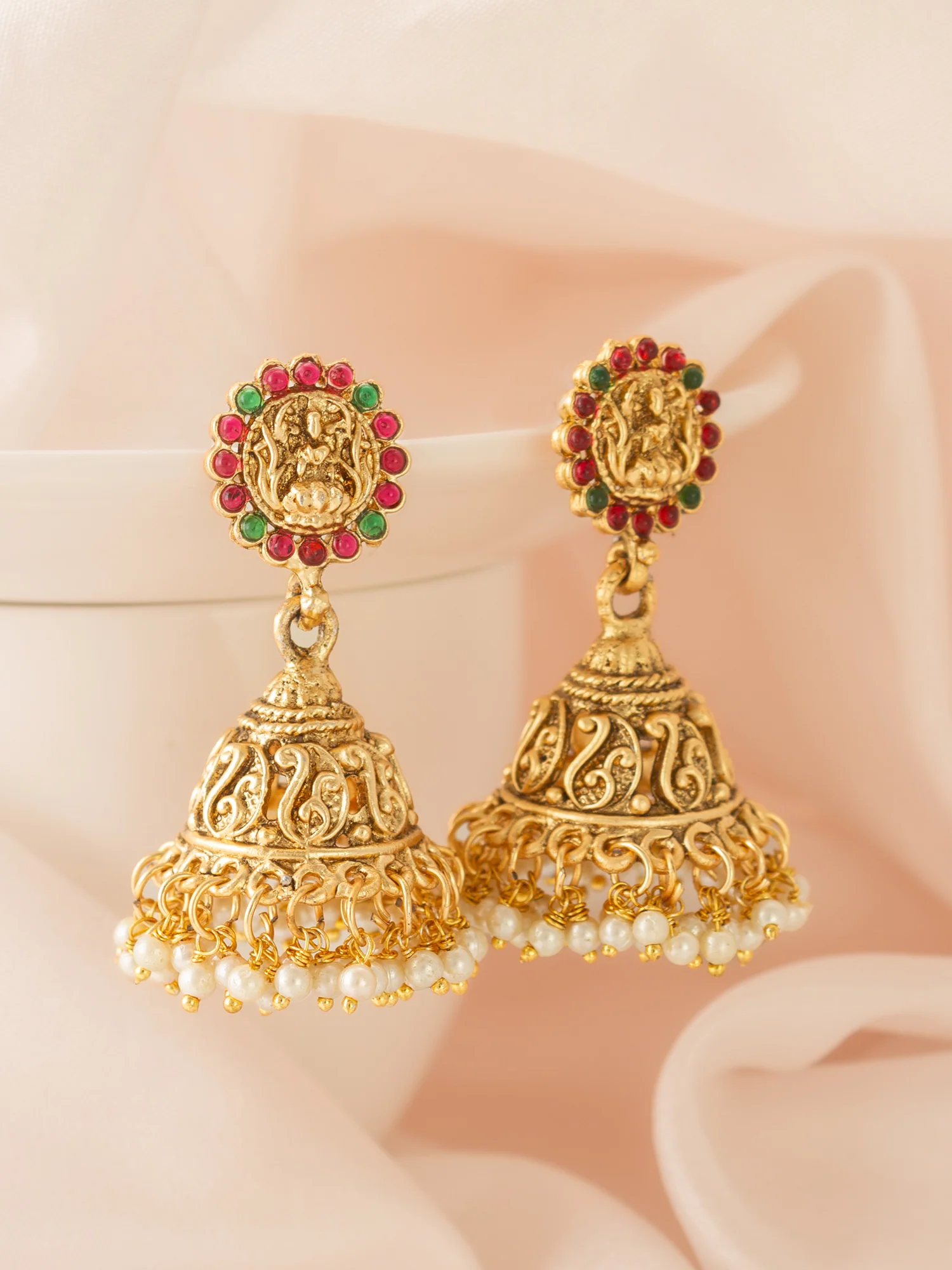 Classic Stone Bordered Deity Jhumka Earrings - Image 4