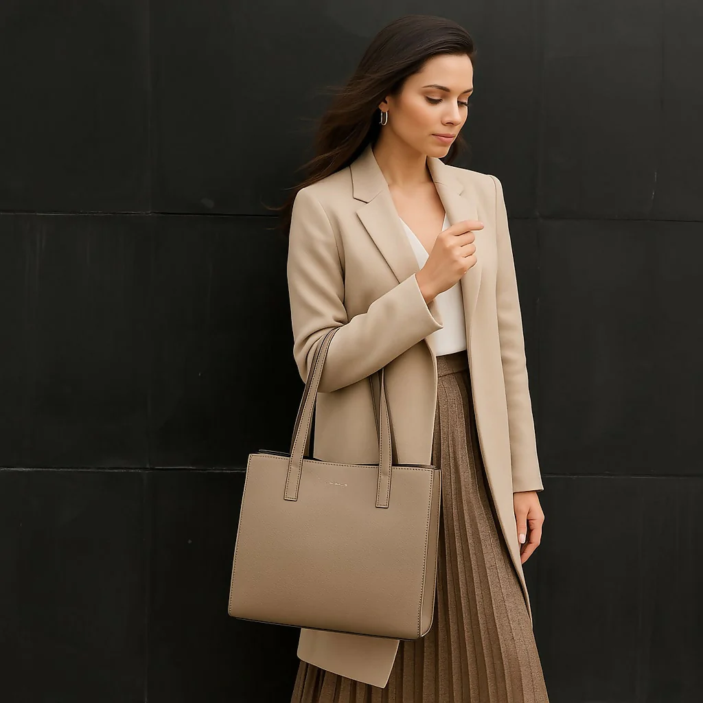 Classic Taupe Structured Tote Bag – Multi-Compartment Office Handbag - Image 5