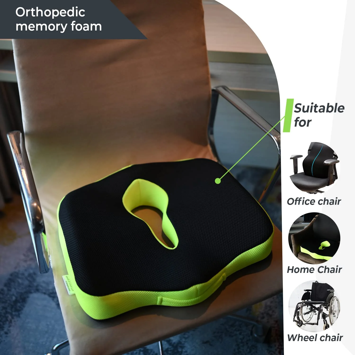 Sleepsia Orthopedic Coccyx O-Shape Seat Cushion Pillow for Tailbone Pain Relief (Black/Green) - Image 2