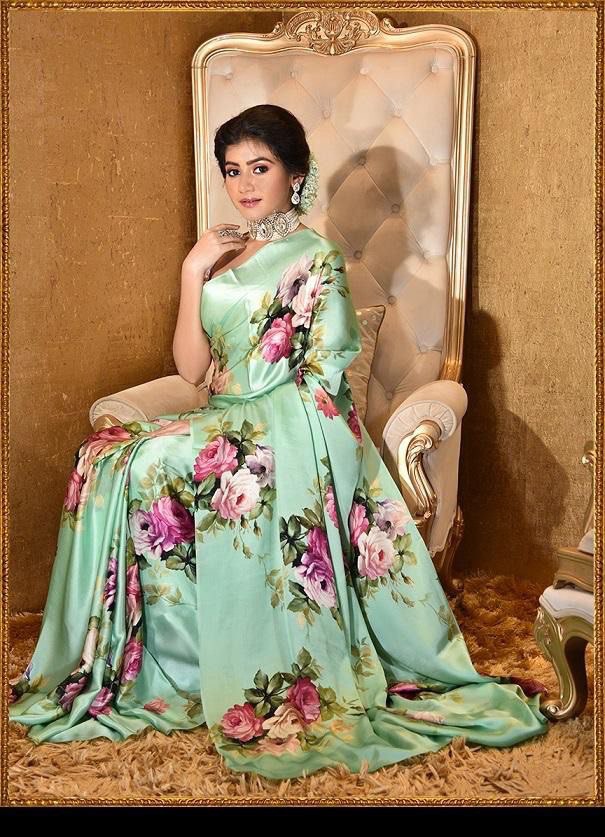 Collection of Satin Pure Satin Sarees in Floral prints - Image 2