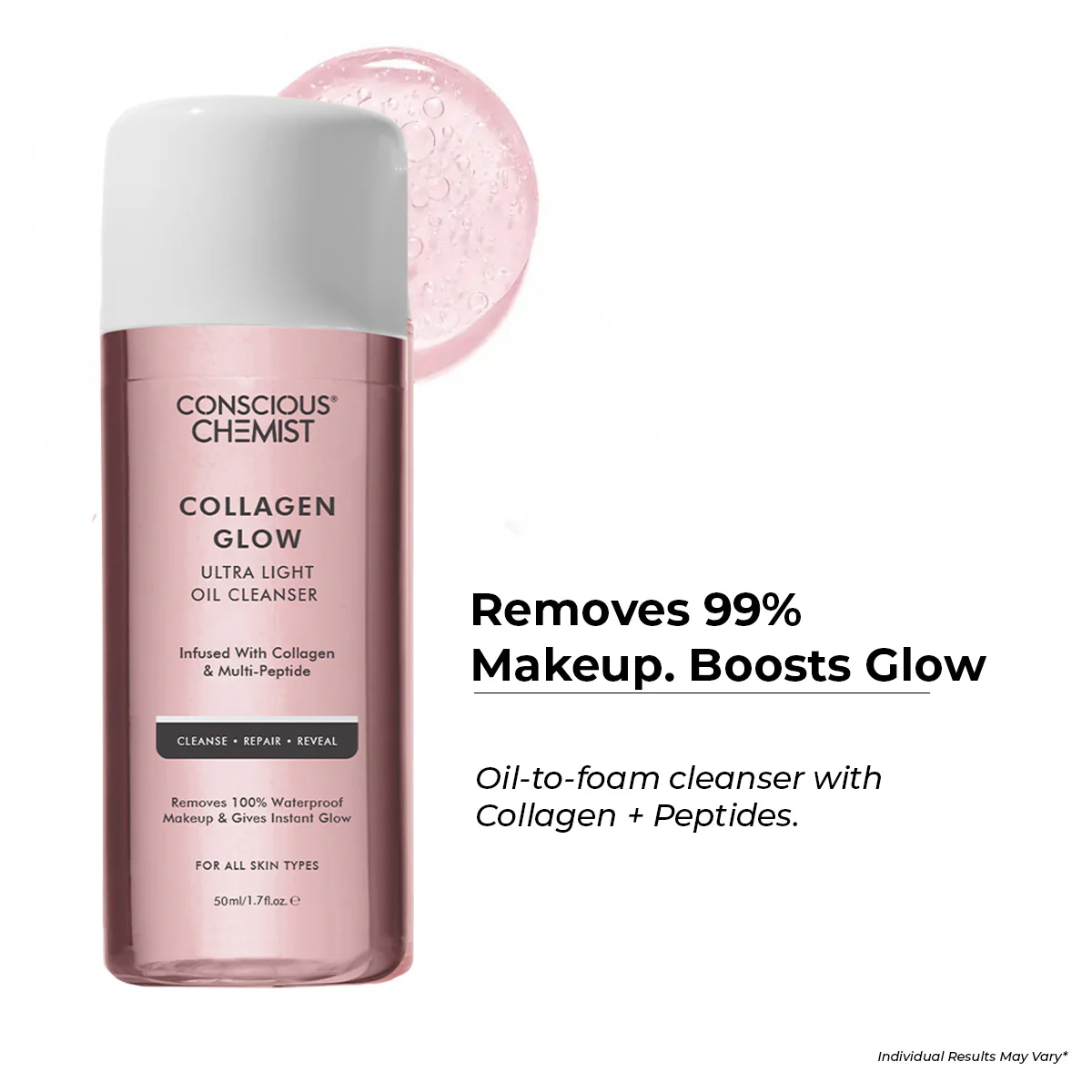 Conscious Chemist Collagen Glow Ultra Light Oil Cleanser | Makeup Remover with Hydrolyzed Collagen (50 ml)