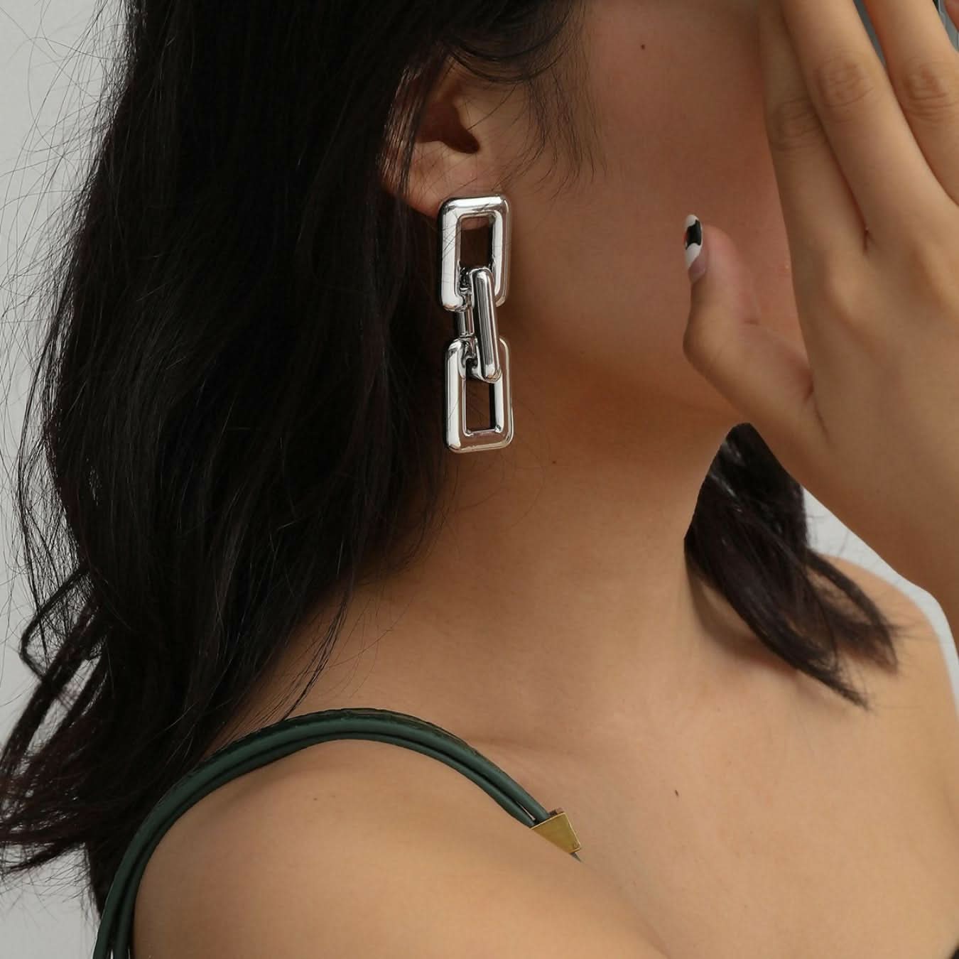Contemporary Geometric Link Earrings Set of 2 Trendy Statement Jewelry - Image 2