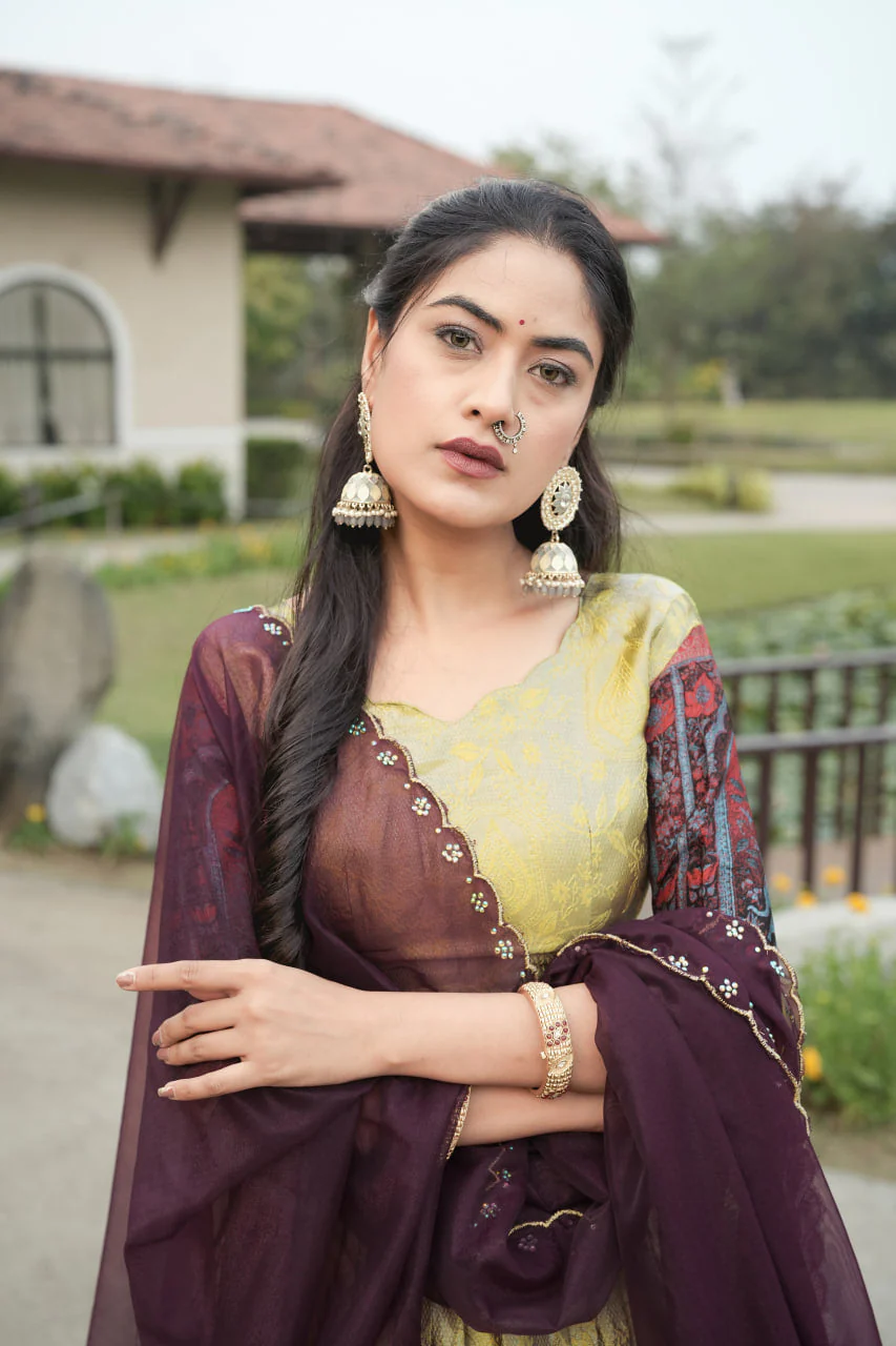Cream Color Woven Design Lehenga Choli With Dupatta - Image 7