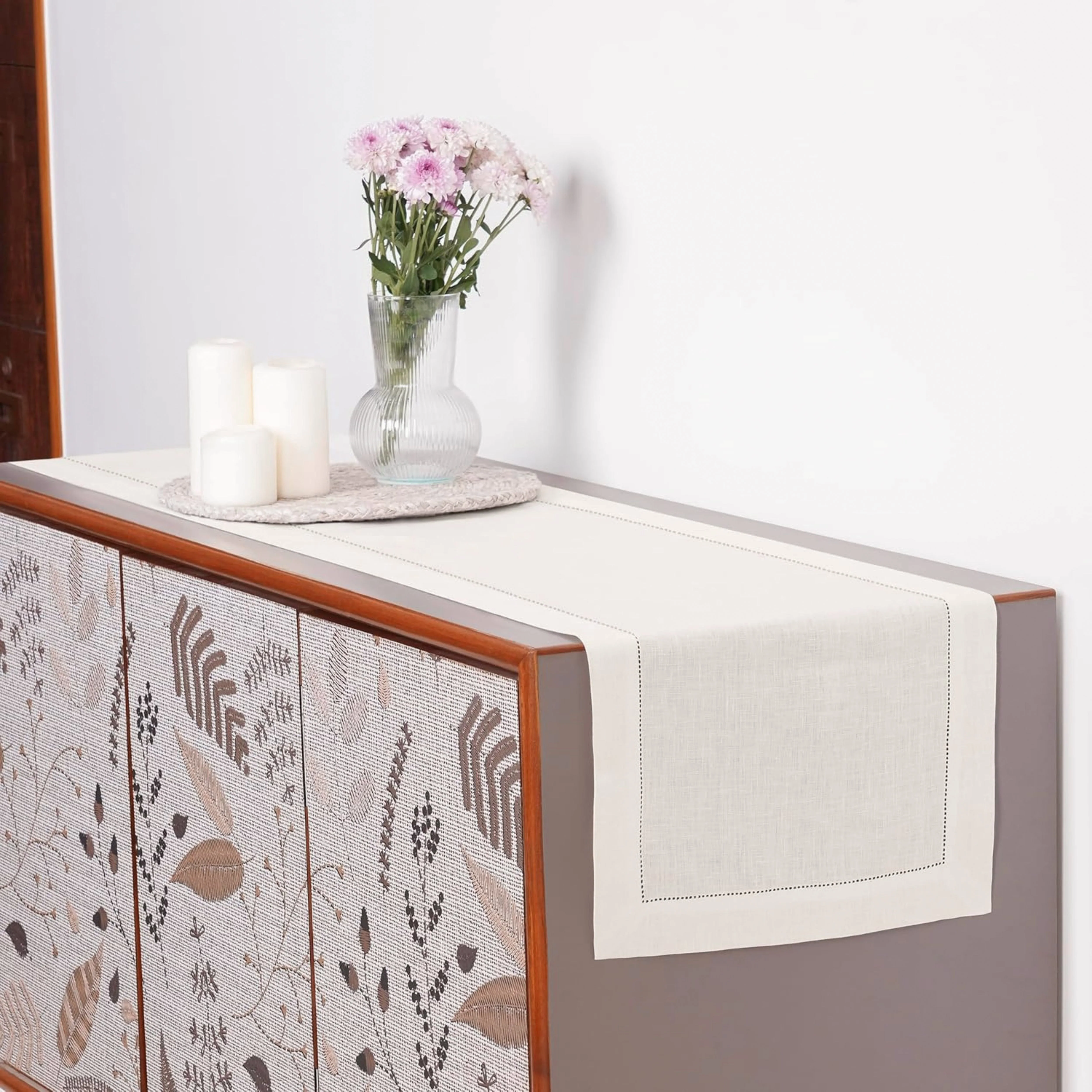 D'Moksha Homes-Ivory Linen Table Runner, Hemstitch - Image 4