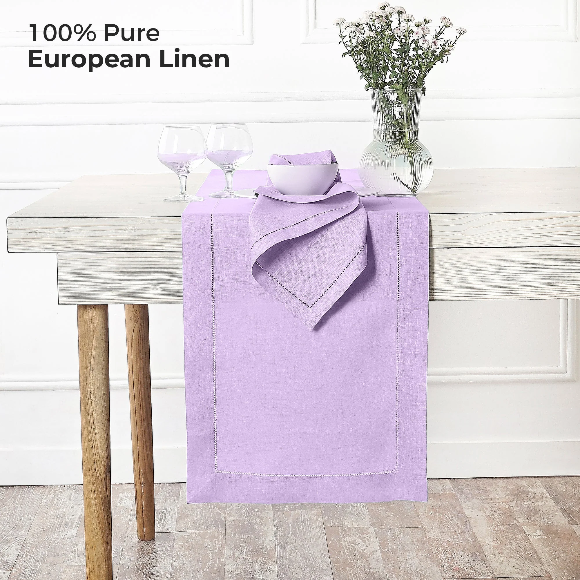 D'Moksha Homes-Lavender Linen Table Runner, Hemstitch - Image 2