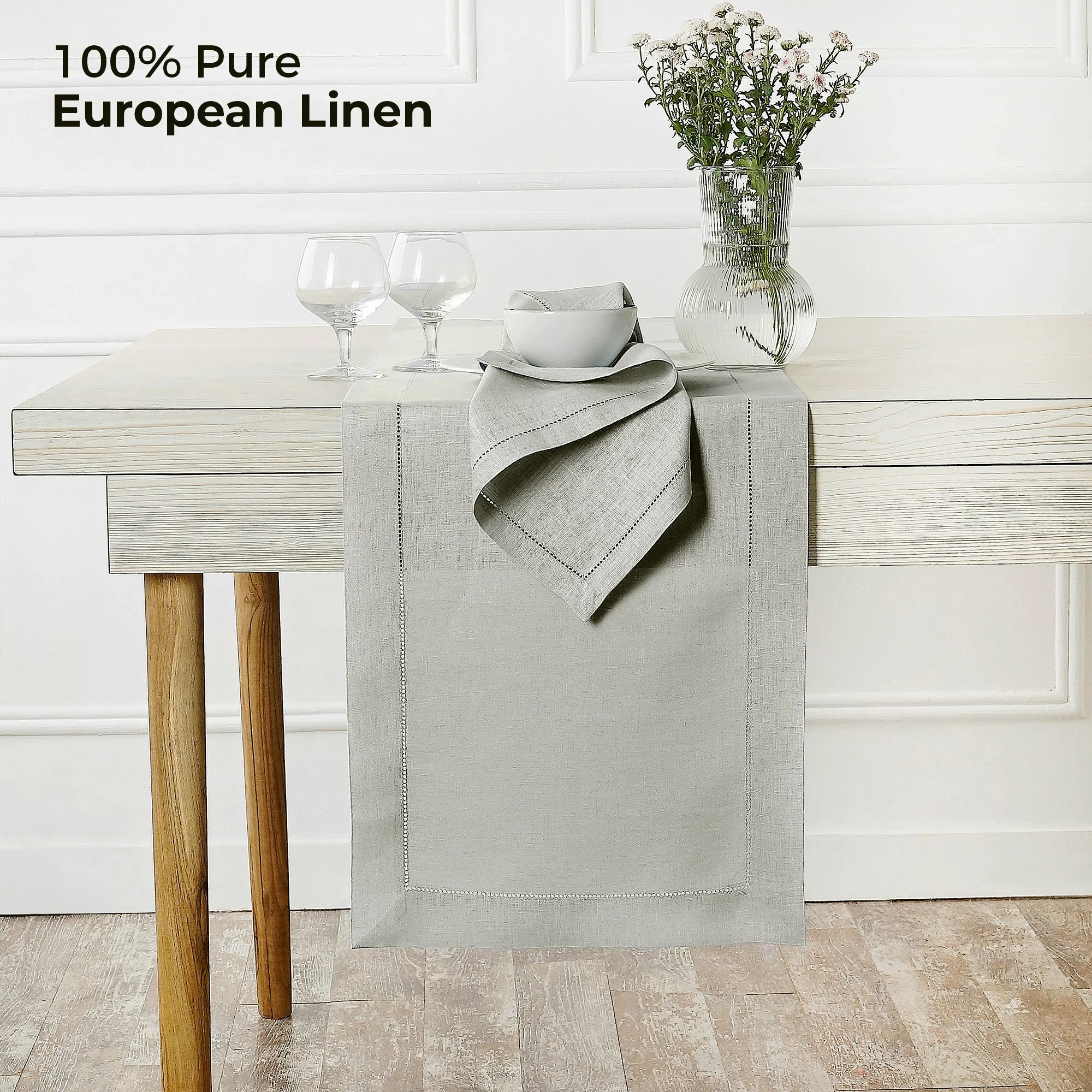 D'Moksha Homes- Silver Grey Linen Table Runner, Hemstitch