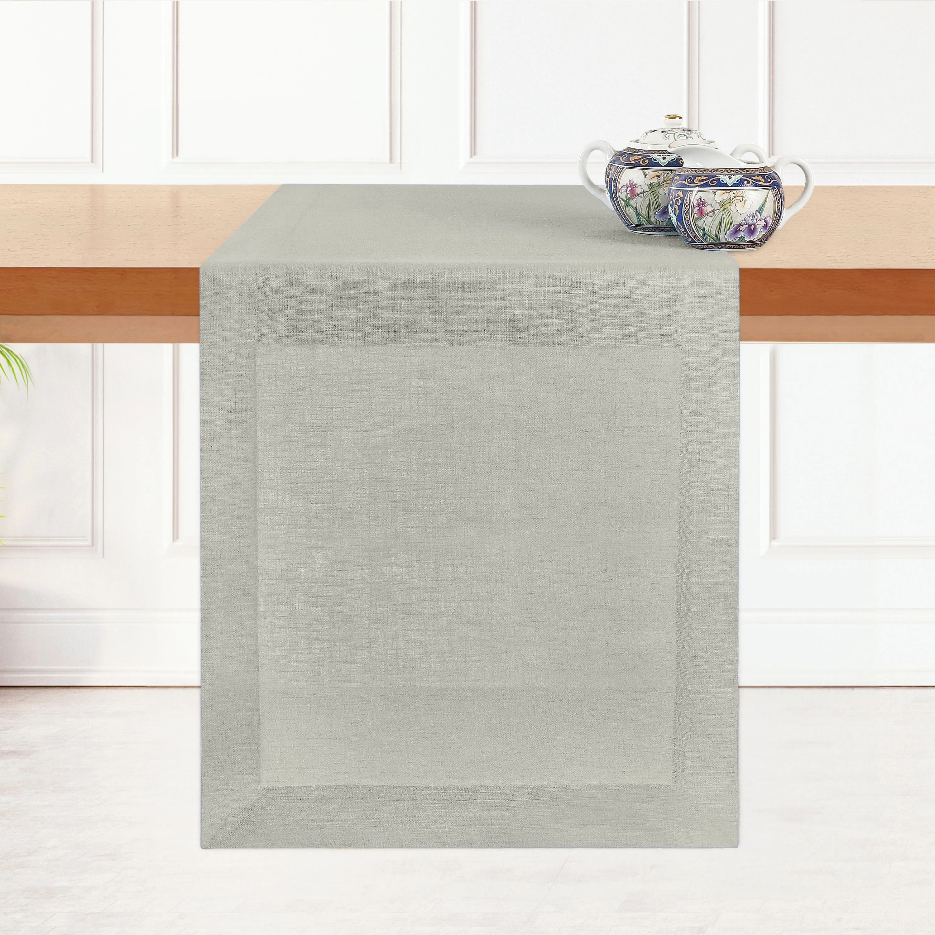 D'Moksha Homes- Silver Grey Linen Table Runner, Hemmed