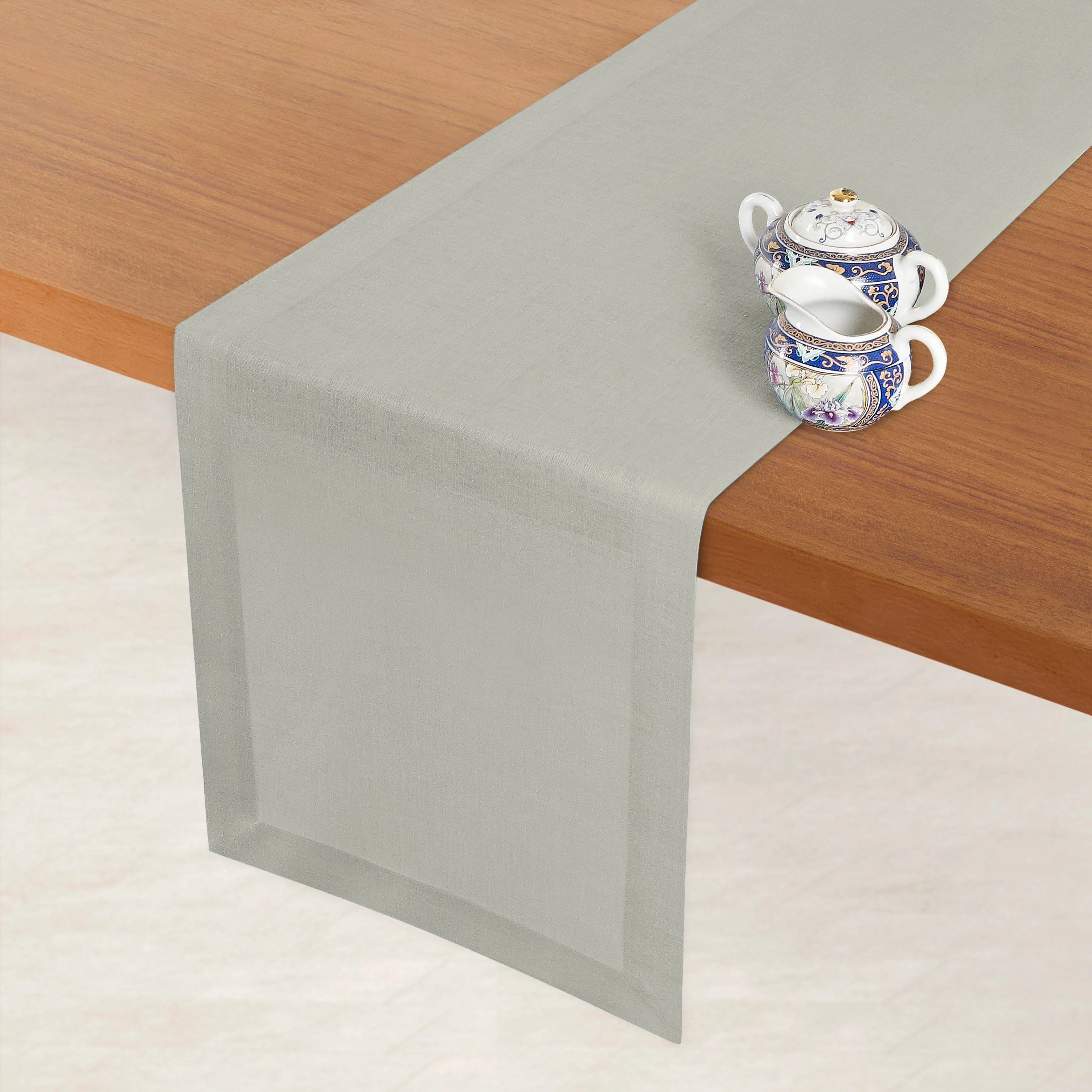 D'Moksha Homes- Silver Grey Linen Table Runner, Hemmed - Image 2