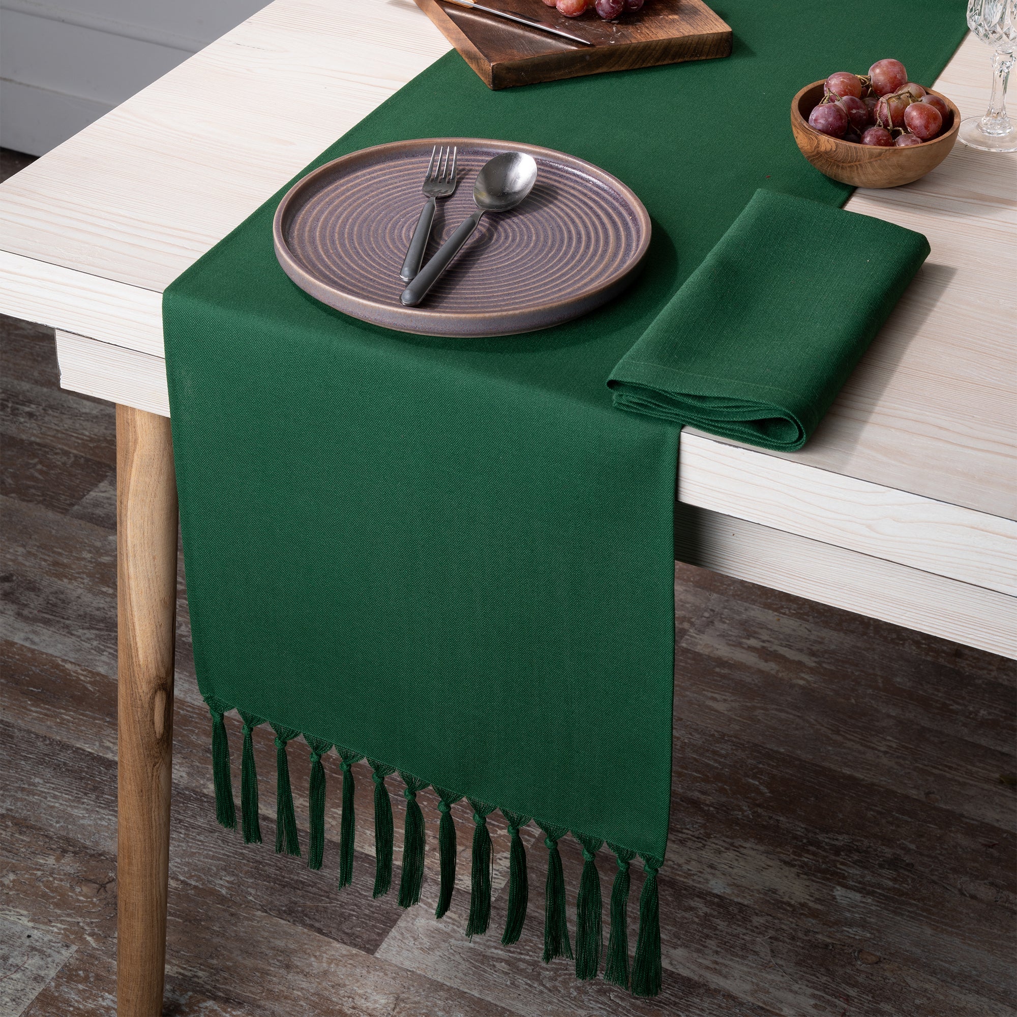 Eden Green Table Runner, Faux Linen, Tassel - Image 2
