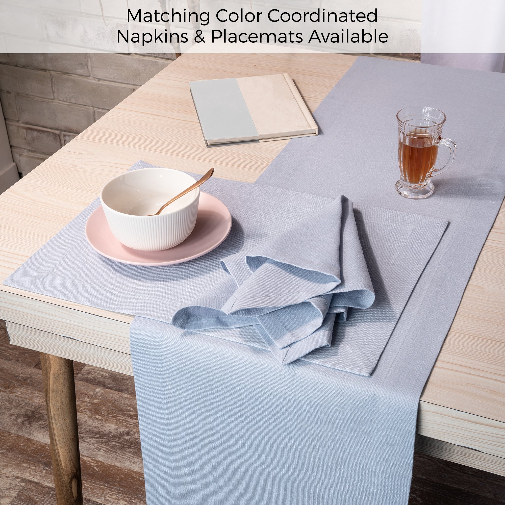 Light Blue Table Runner, Faux Linen, Mitered Corner - Image 5