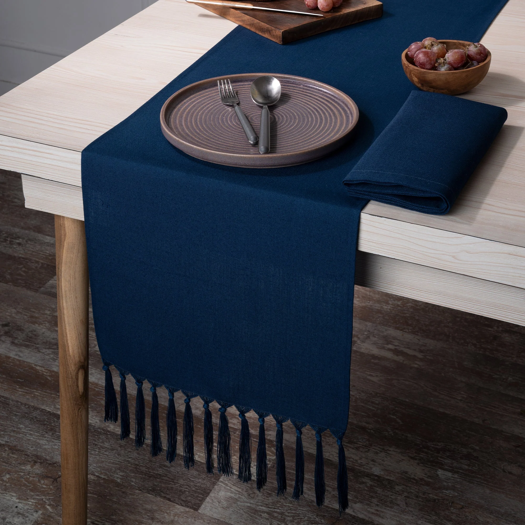 D'Moksha Homes-Navy Blue Faux Linen Table Runner - Tassel - Image 2