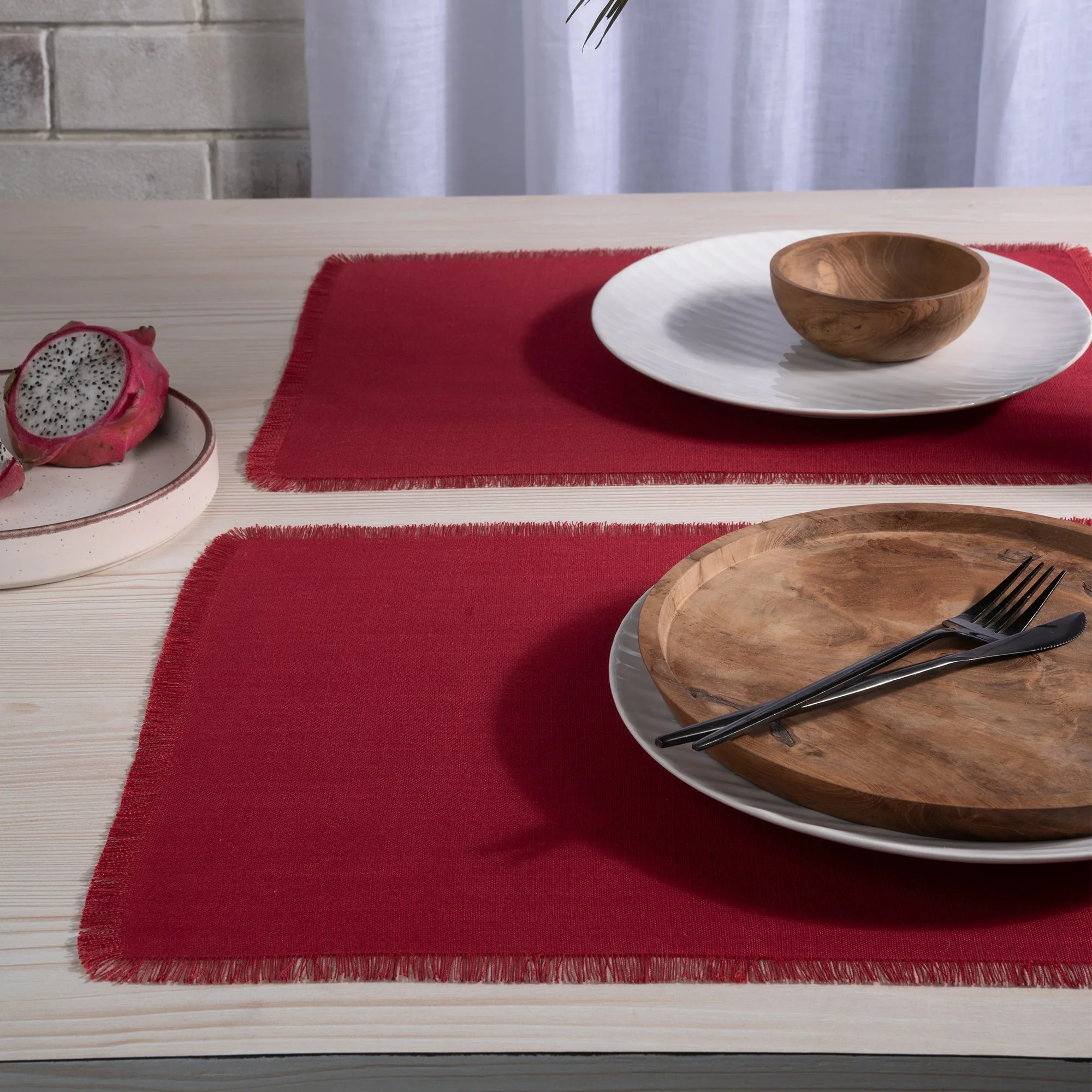 D'Moksha Homes-Red Faux Linen Placemats, Fringe, 14 x 19 inch, 4 pcs - Image 4