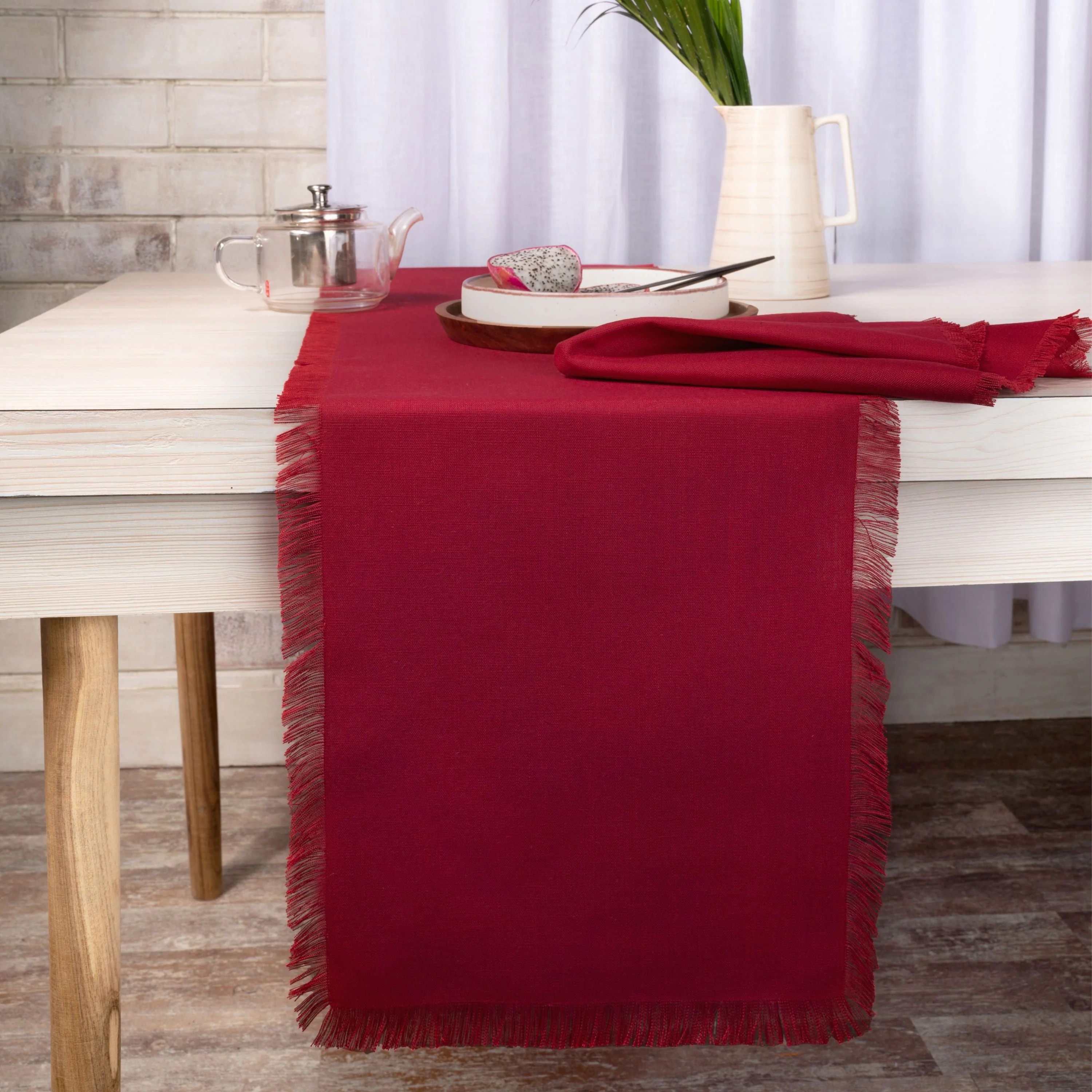 D'Moksha Homes-Red Table Runner, Faux Linen, Fringe