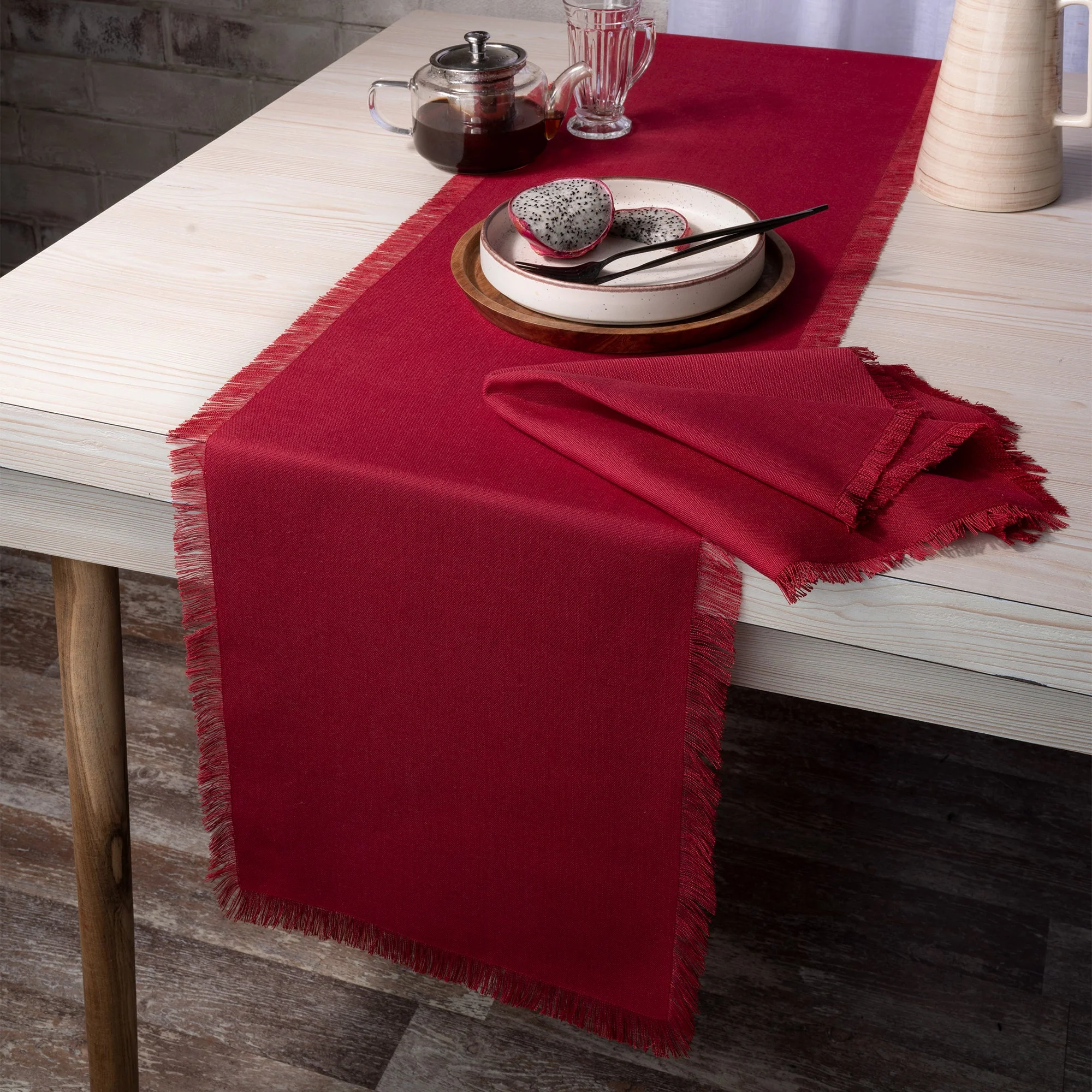 D'Moksha Homes-Red Table Runner, Faux Linen, Fringe - Image 2