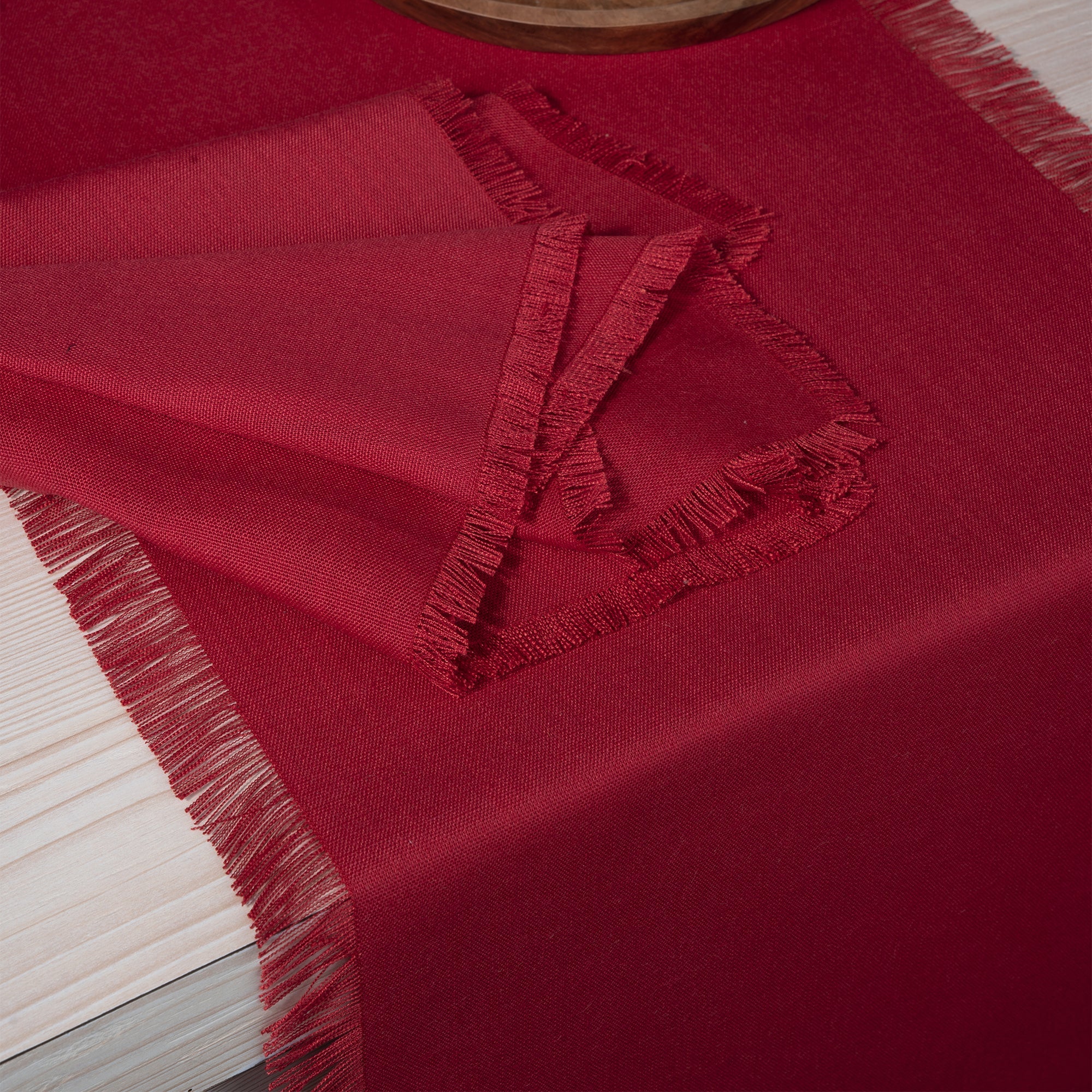 D'Moksha Homes-Red Table Runner, Faux Linen, Fringe - Image 3