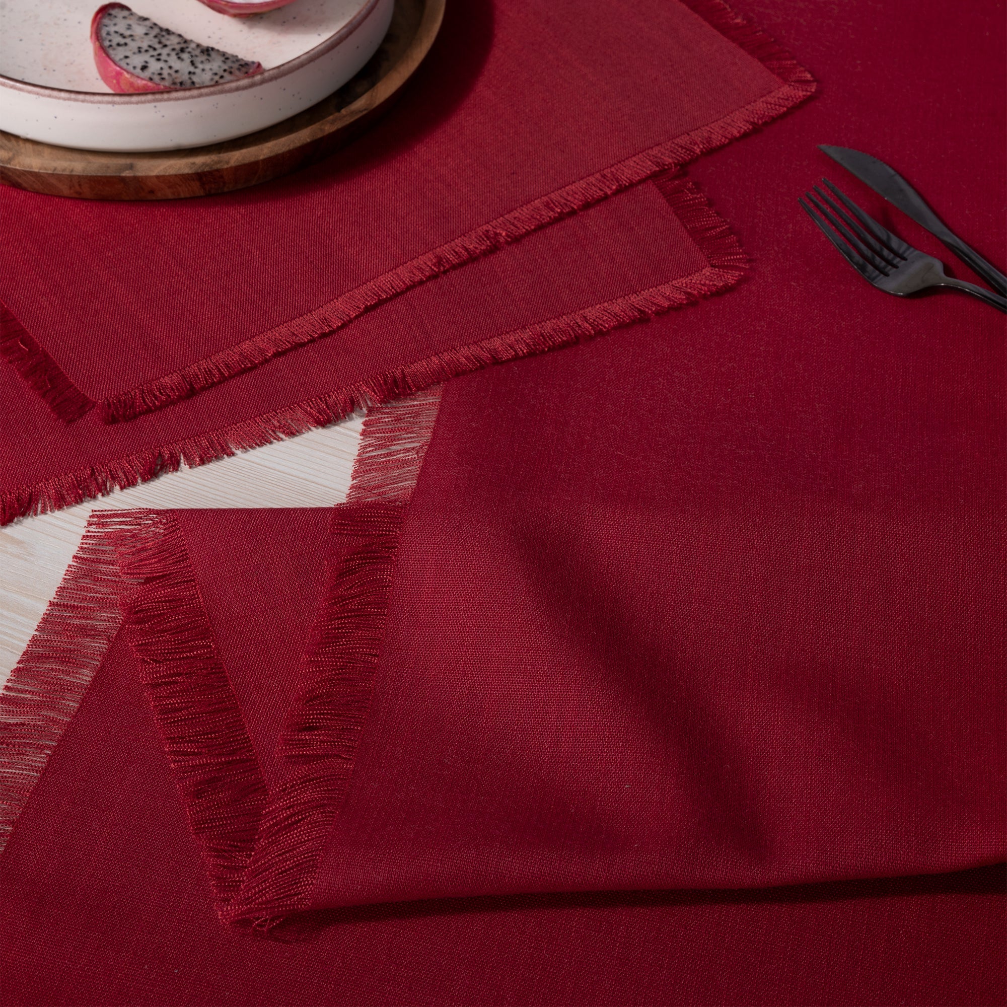 D'Moksha Homes-Red Table Runner, Faux Linen, Fringe - Image 4