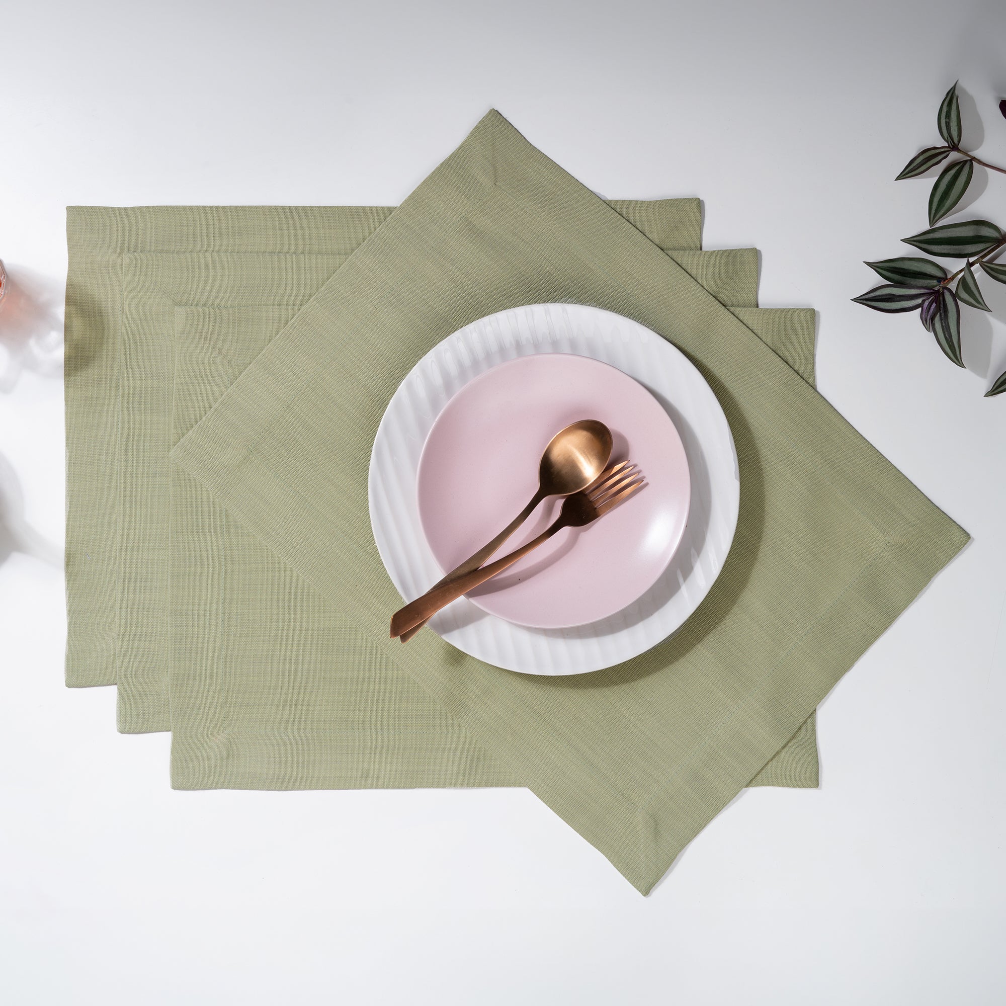 D'Moksha Homes-Sage Green Faux Linen Placemats, Mitered Corner, 14 x 19 inch, 4 pcs
