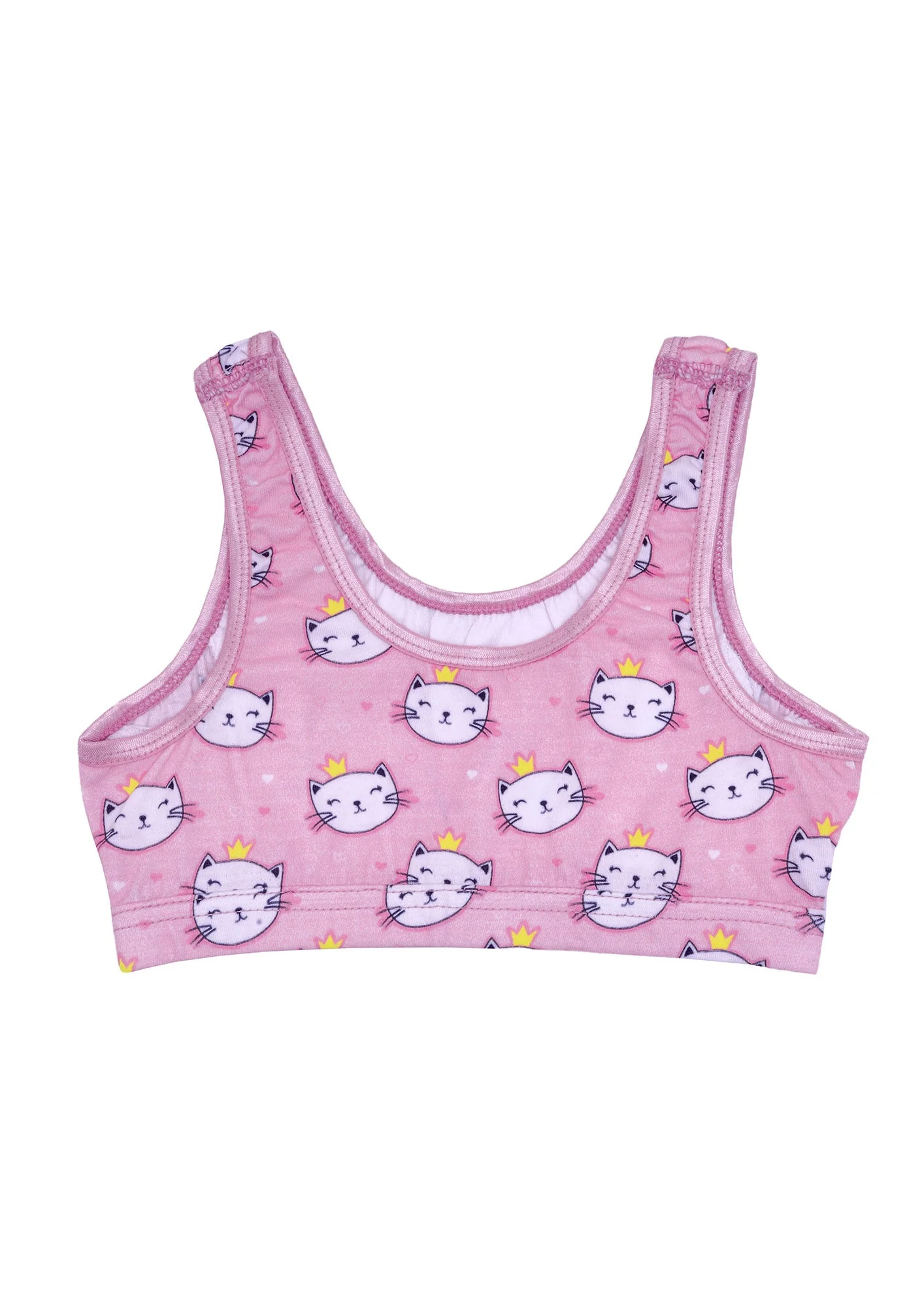 D'chica Essentials Assorted Double-Layer Broad Strap Cotton Sports Bra | Non-Padded Beginner Bra | Kitty Printed Bra (Colour-Pink) - Image 2