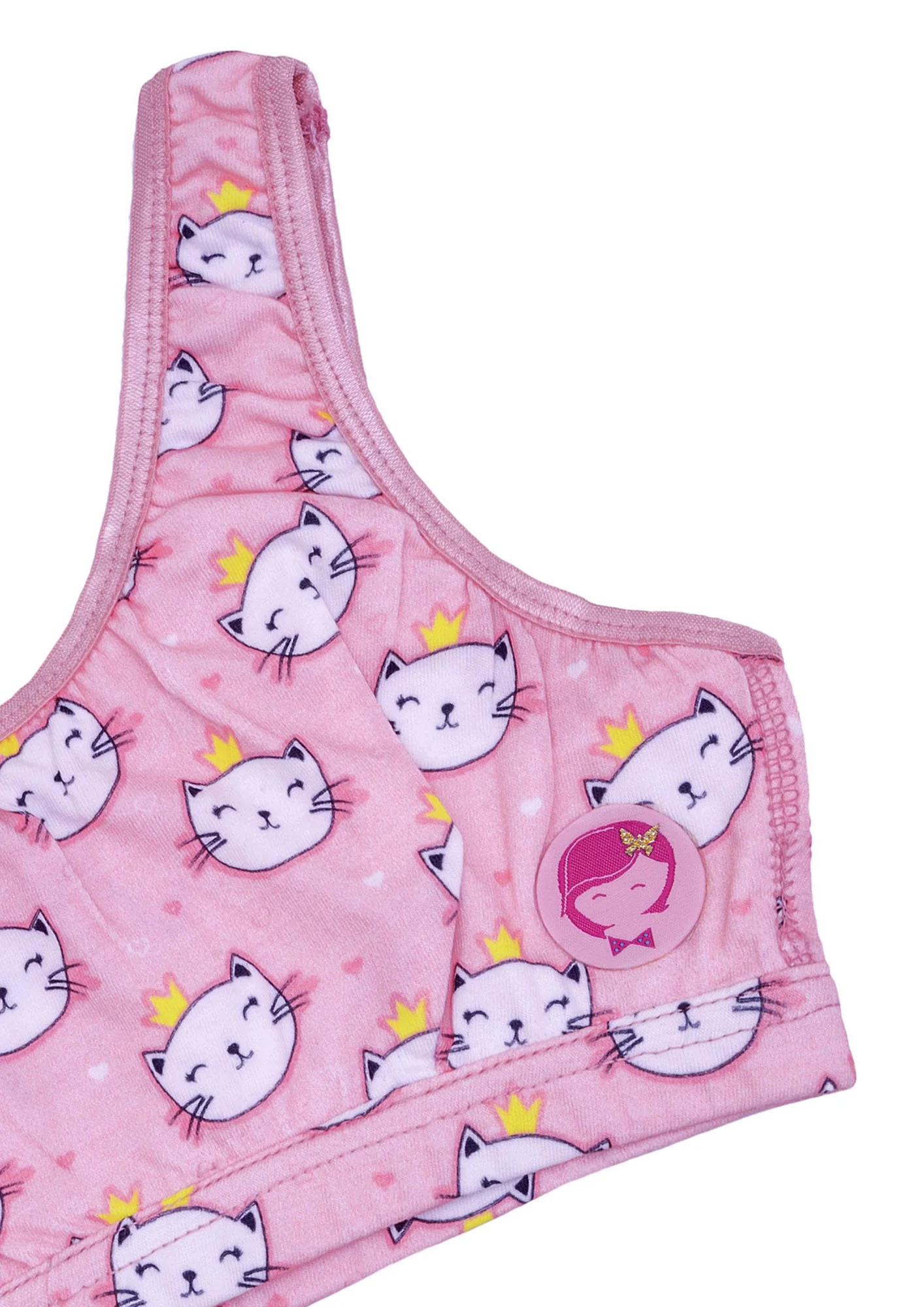 D'chica Essentials Assorted Double-Layer Broad Strap Cotton Sports Bra | Non-Padded Beginner Bra | Kitty Printed Bra (Colour-Pink) - Image 5