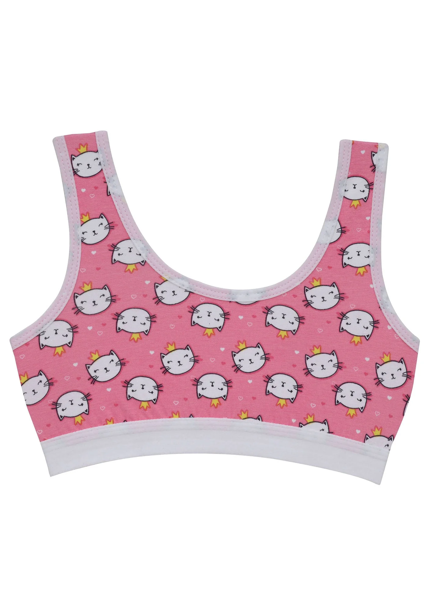 D'chica Essentials Assorted Cotton Sports Bra | Single-Layer Broad Strap | Non-Padded Beginner Bra | Kitty Print (Colour-Pink) - Image 3