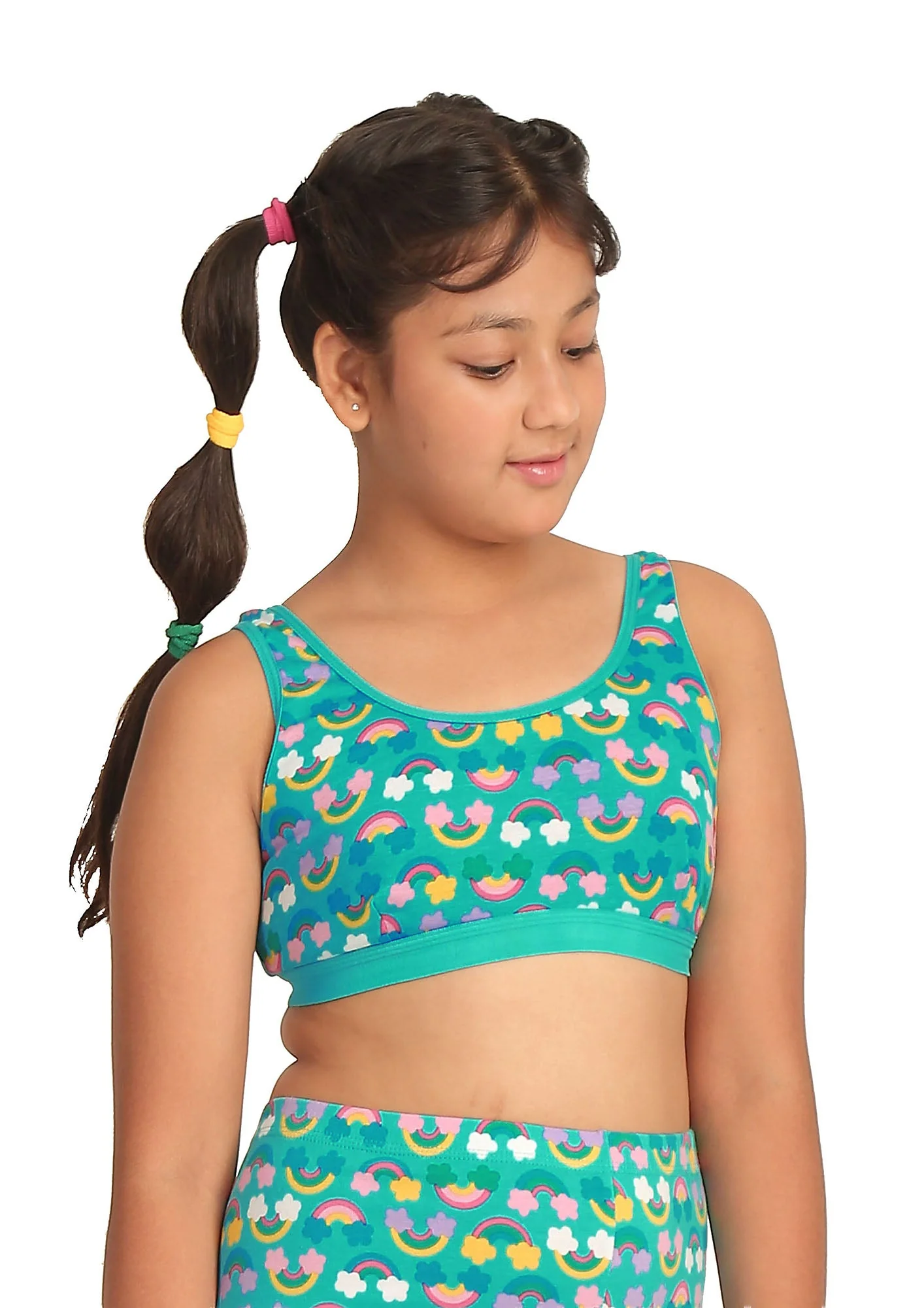 D'chica Essentials Assorted Single-Layer Broad Strap Cotton Sports Bra | Non-Padded Beginner Bra | Printed Style (Colour-Blue)