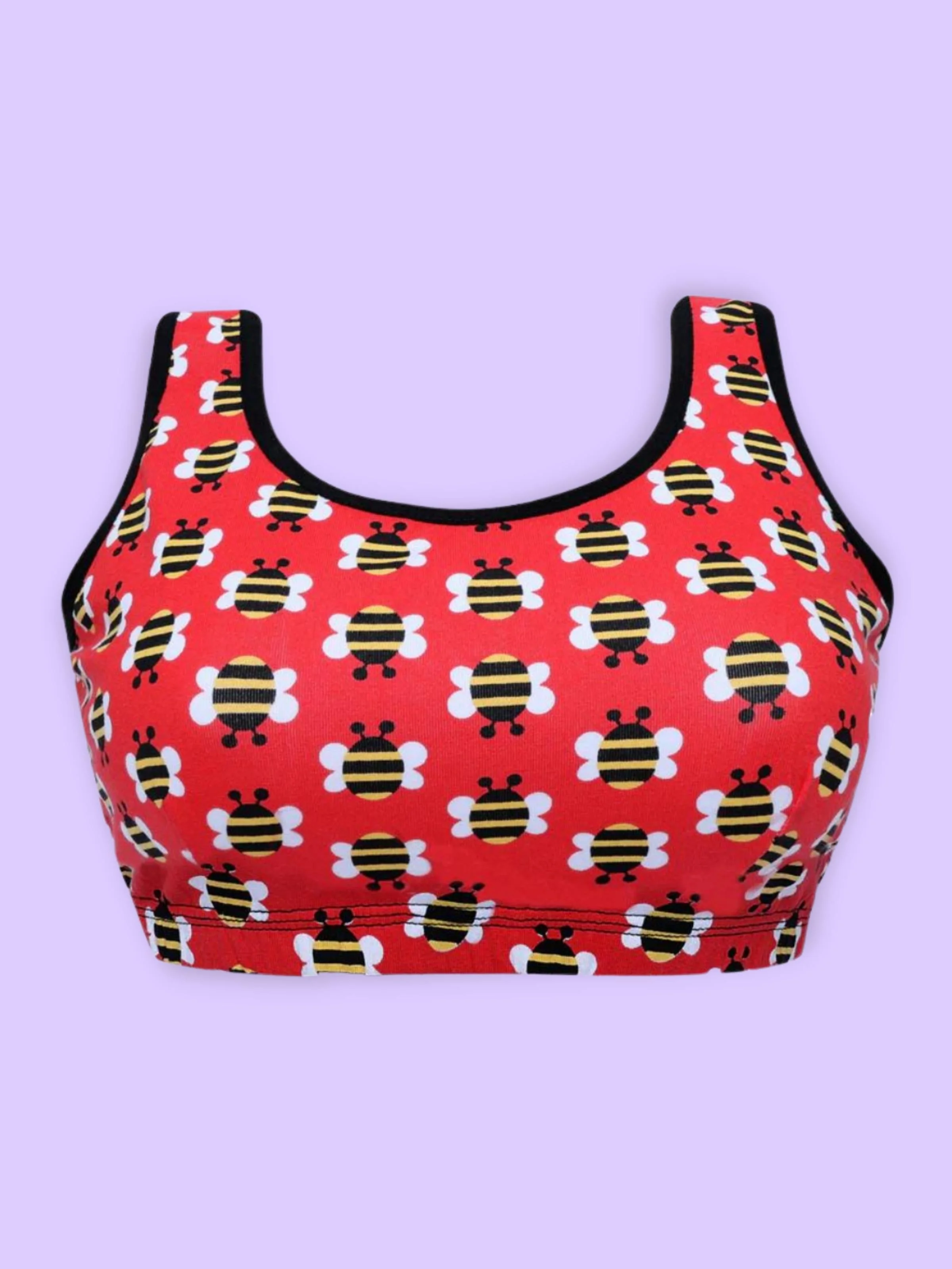 D'chica Essentials Assorted Double-layer Broad Strap Cotton Athletic Bra | Non Padded Beginner Bra | Printed Bra|Color RED|