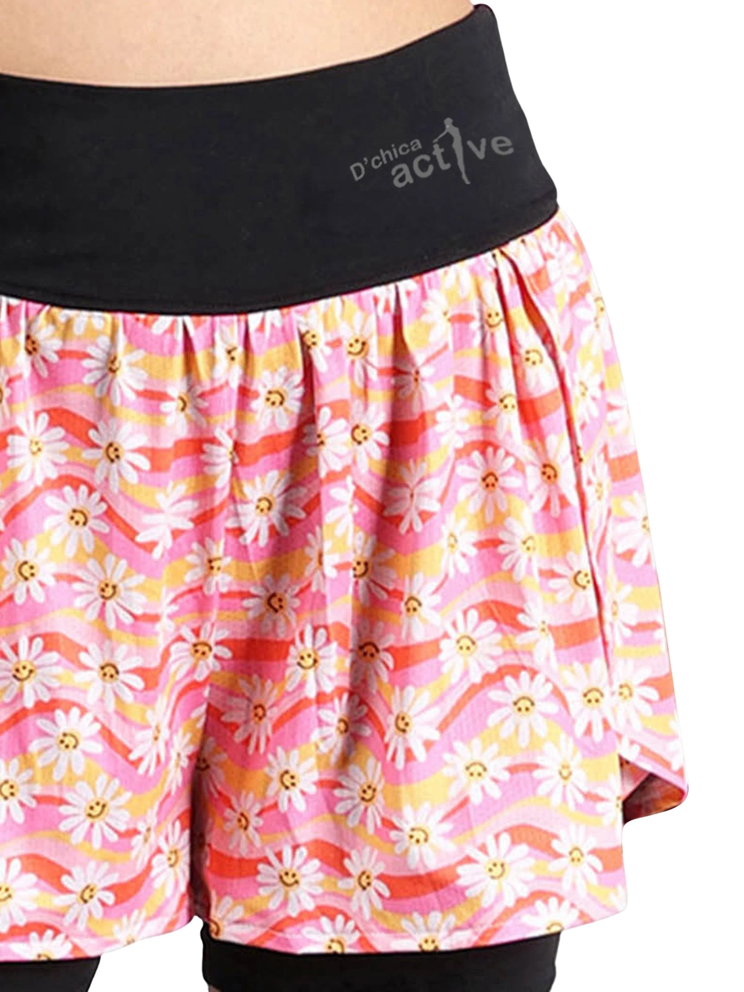 D'chica Essentials Assorted Flower Print Overlapping Shorts With Tights with Side Pocket | Color (Black) - Image 4