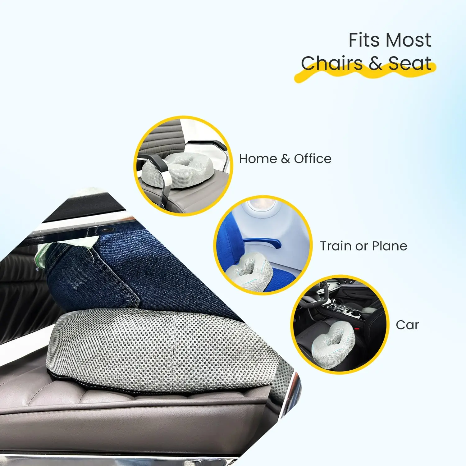 Sleepsia Donut Pillow for Tailbone Pain | Coccyx Seat Cushion for Chair- Car Seat Cushion (Grey,Gel Memory Foam) - Image 5