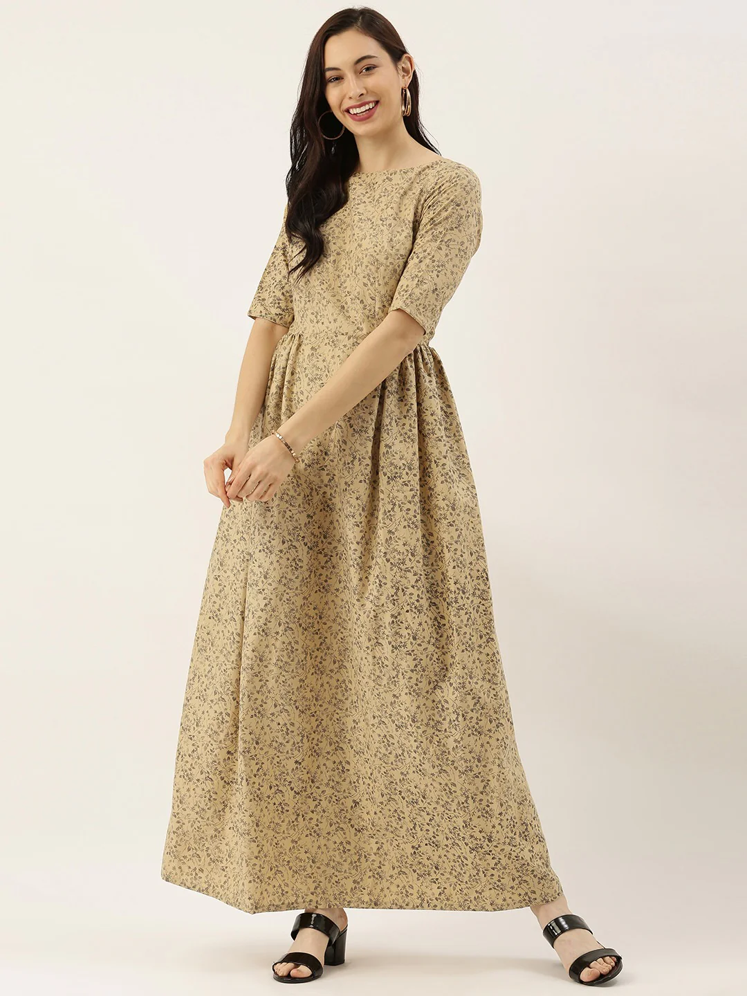 Bollywood Vogue Ready To Wear Beige Printed Rayon Boat Neck Maxi Dress