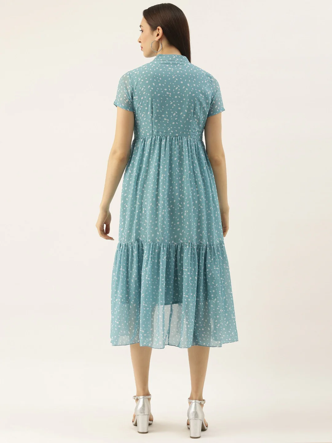 Bollywood Vogue Ready To Wear Blue N White Digital Printed High N Low Dress - Image 4