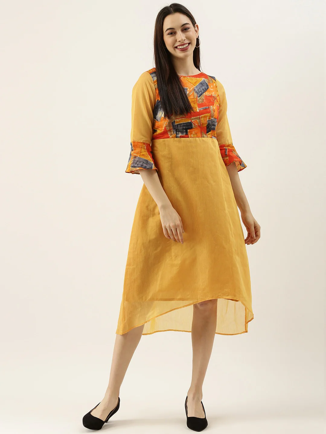 Bollywood Vogue Ready To Wear Multicolored N Mustard Digital Printed A line Dress