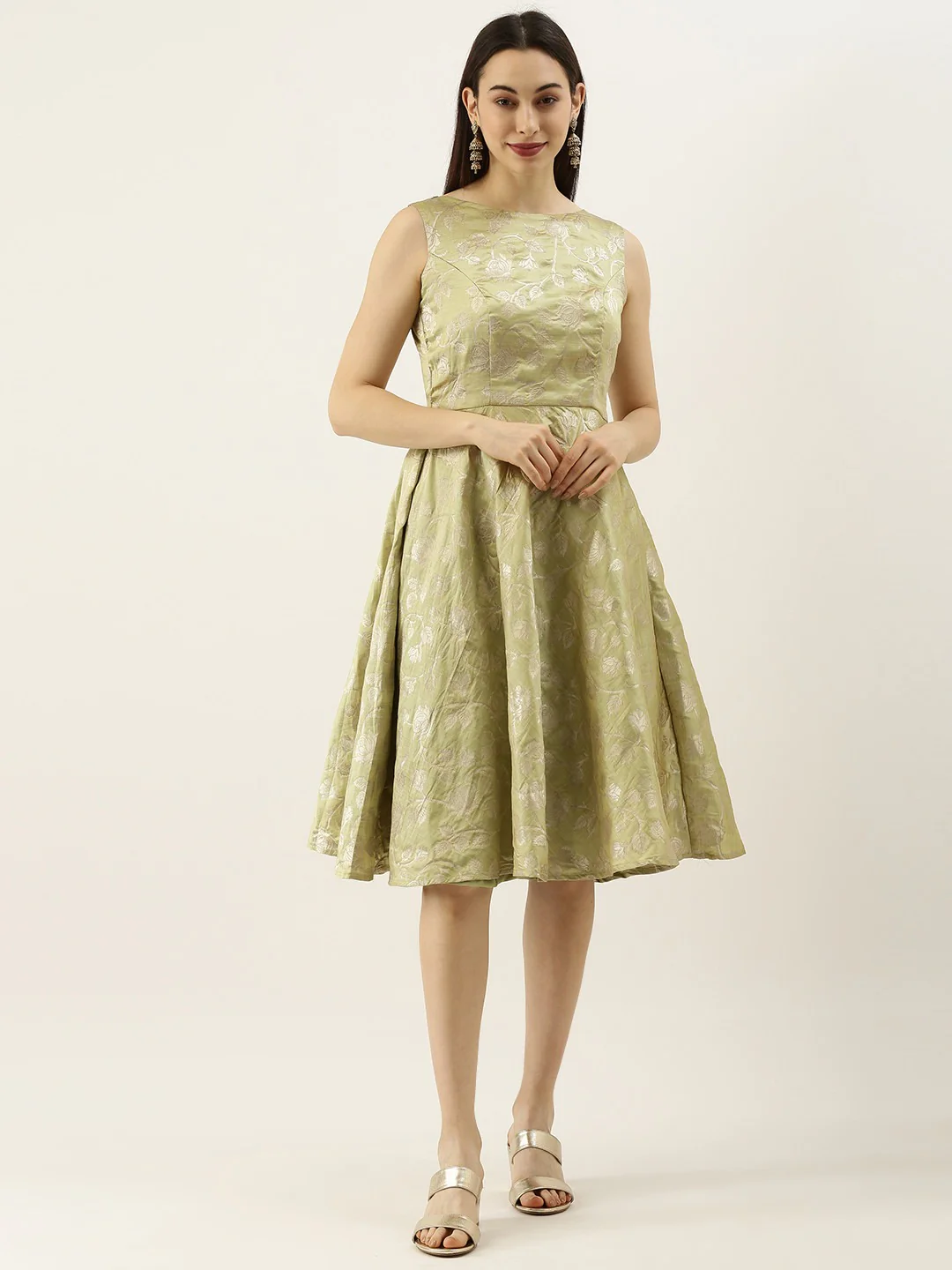 Bollywood Vogue Ready To Wear Green Brocade Boat Neck Flared Dress