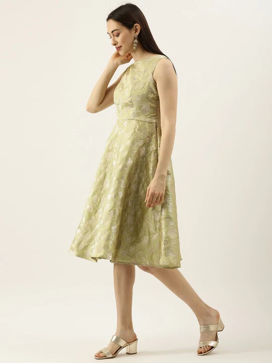 Bollywood Vogue Ready To Wear Green Brocade Boat Neck Flared Dress - Image 2