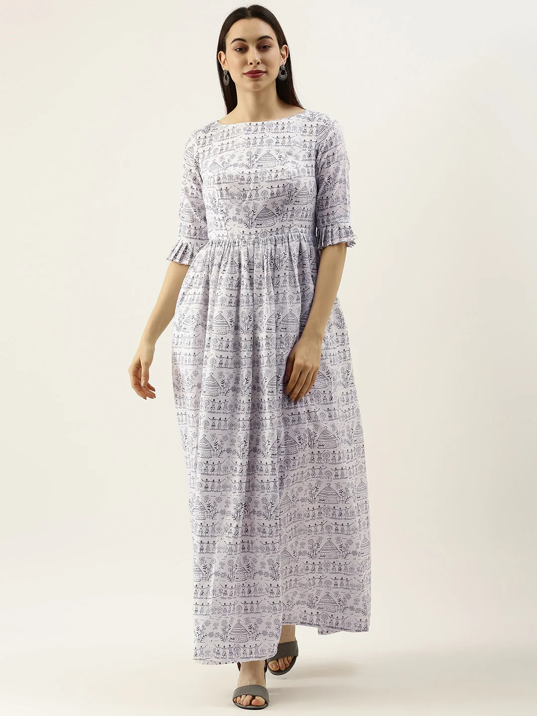 Bollywood Vogue Ready To Wear White Rayon Printed Gathered Maxi Dress