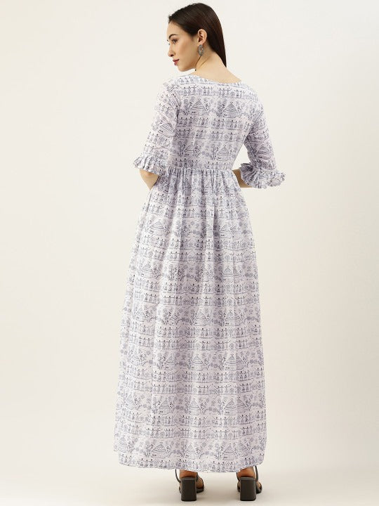 Bollywood Vogue Ready To Wear White Rayon Printed Gathered Maxi Dress - Image 4