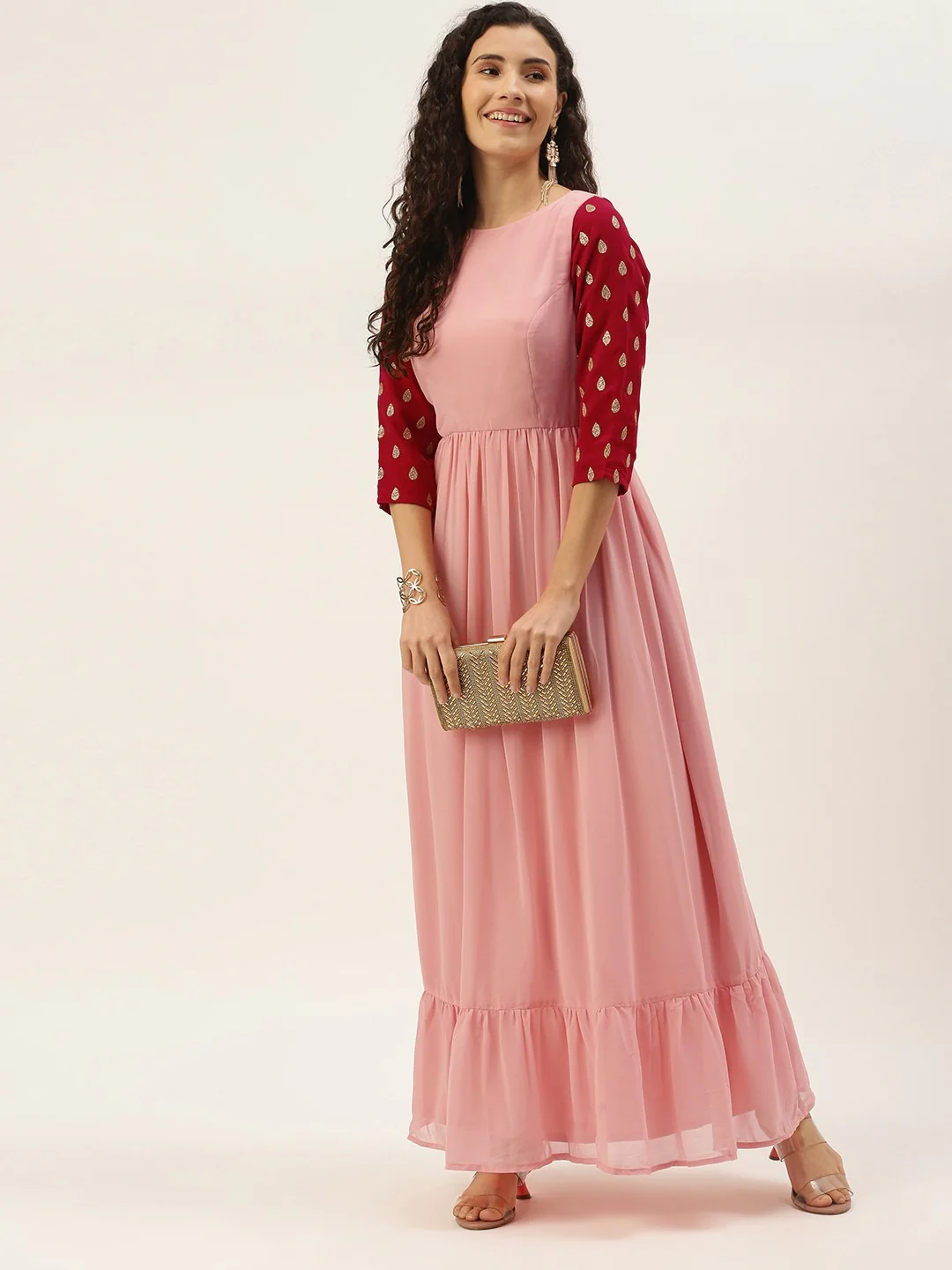 Bollywood Vogue Ready To Wear Pink Georgette N Magenta Embroidered Dress - Image 4