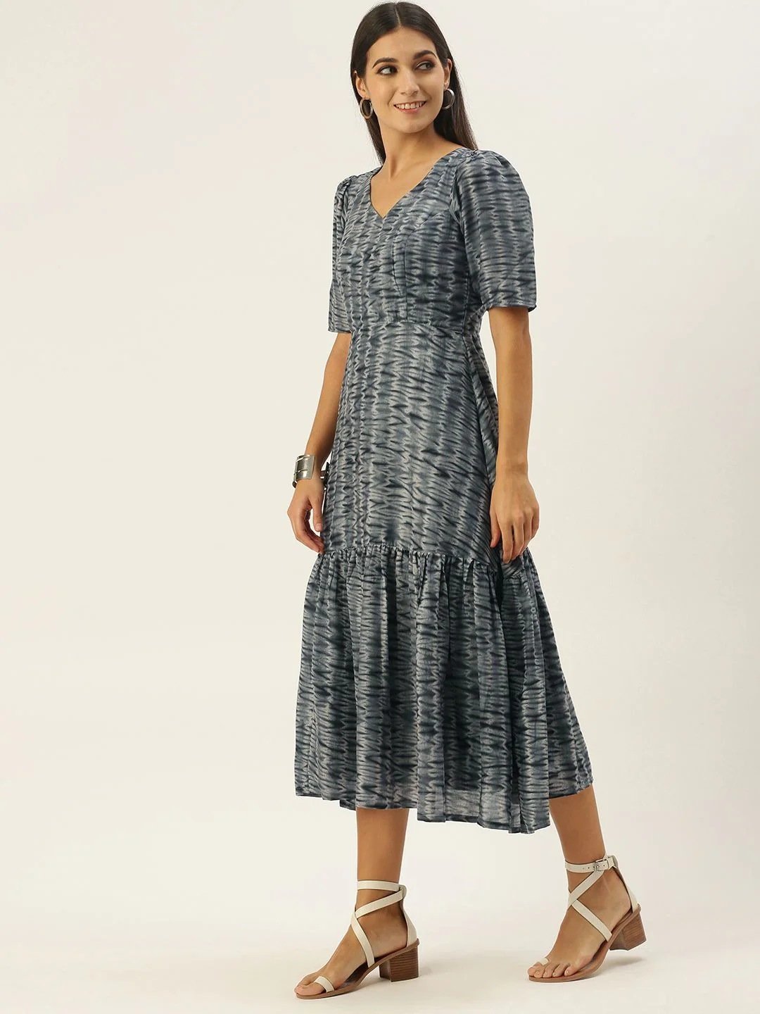 Bollywood Vogue Ready To Wear Grey N Black Muslin Gathered Style Dress