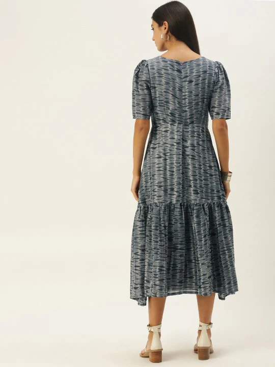 Bollywood Vogue Ready To Wear Grey N Black Muslin Gathered Style Dress - Image 2