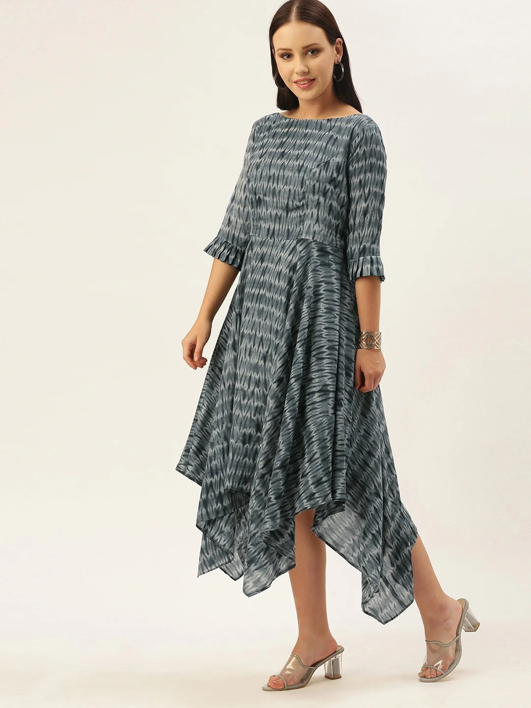 Bollywood Vogue Ready To Wear Grey N Black Muslin Handkerchief Style Dress - Image 4
