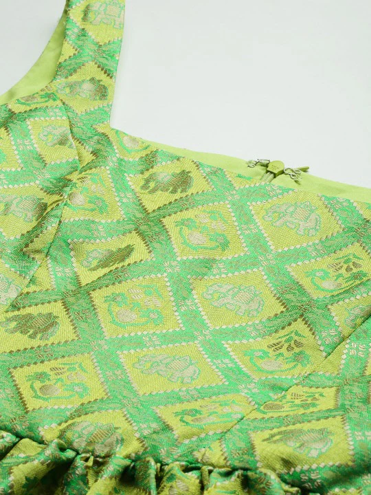 Bollywood Vogue Ready To Wear Green Patola Strap neckline Dress - Image 5