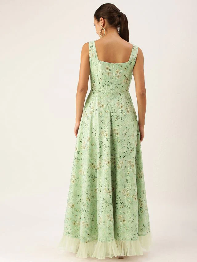 Bollywood Vogue Ready To Wear Green Muslin Ruched Maxi Dress - Image 7