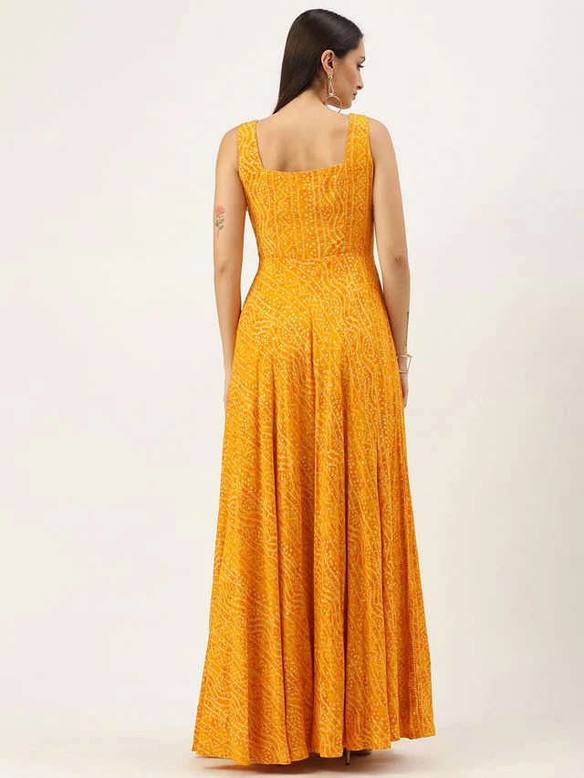 Bollywood Vogue Ready To Wear Yellow Printed Strap Neck Dress - Image 2
