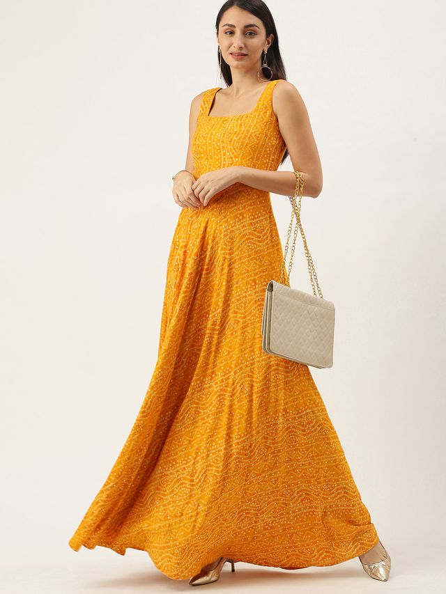 Bollywood Vogue Ready To Wear Yellow Printed Strap Neck Dress - Image 3