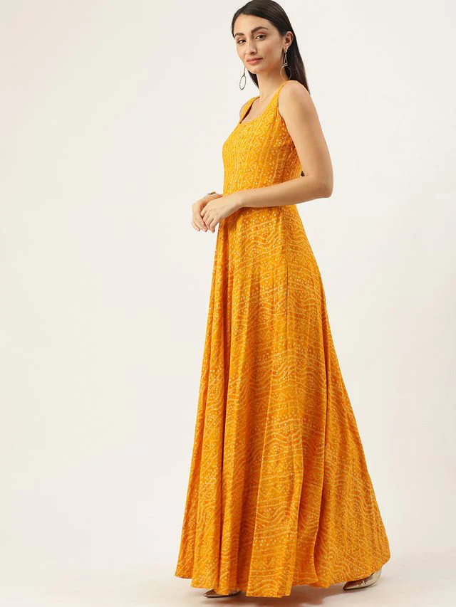 Bollywood Vogue Ready To Wear Yellow Printed Strap Neck Dress - Image 4