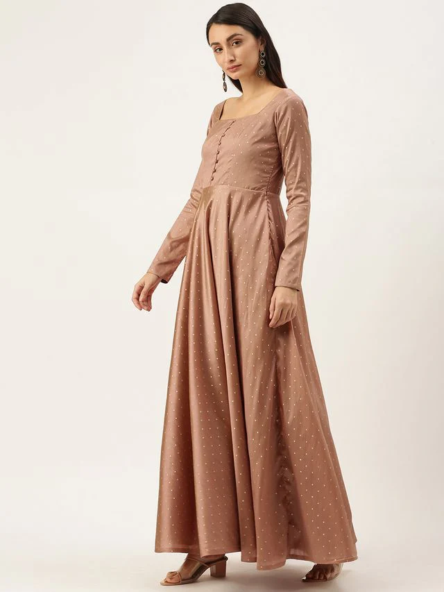 Bollywood Vogue Ready To Wear Peach Jacquard Fit N Flare Dress - Image 4