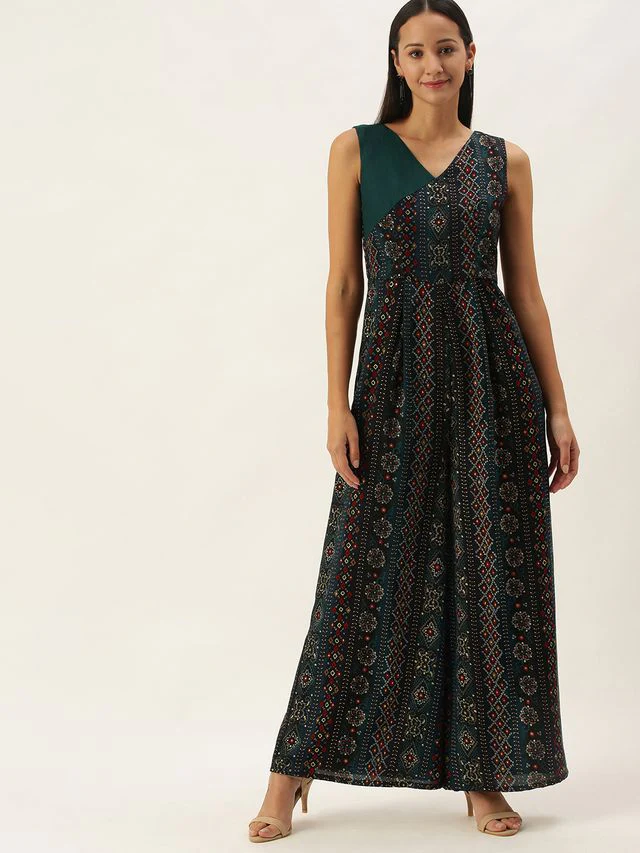 Bollywood Vogue Ready To Wear Blue Printed Viscose Angrakha Style Jumpsuit