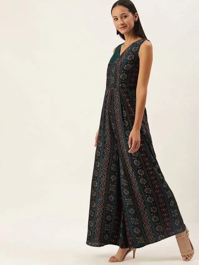 Bollywood Vogue Ready To Wear Blue Printed Viscose Angrakha Style Jumpsuit - Image 4