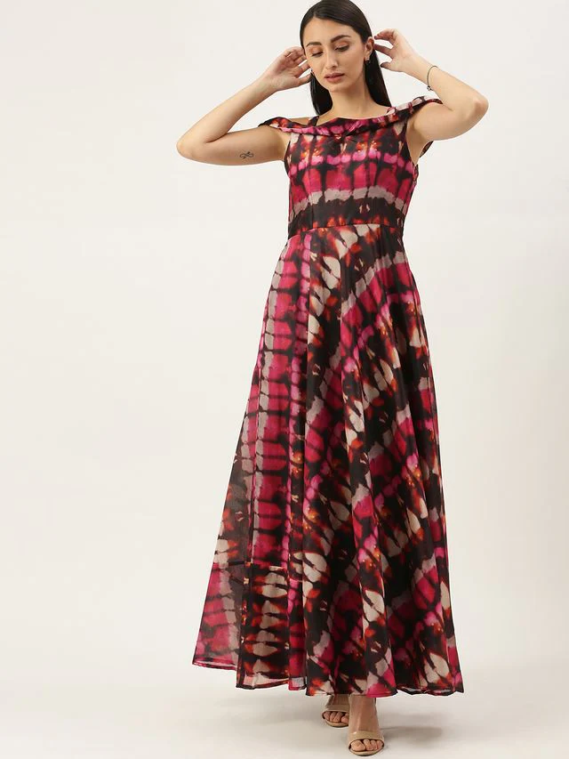 Bollywood Vogue Ready To Wear Multicolored Printed Off Shoulder Style Dress